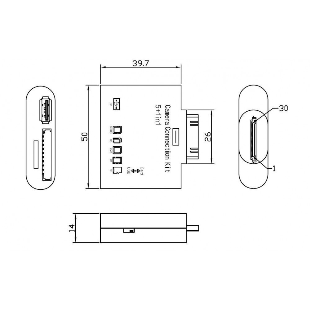 Adattatore per iPad USB Memory card 5in1 30pin