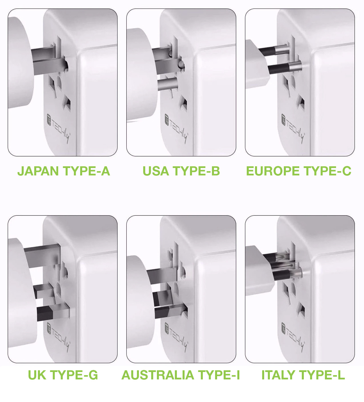 Adattatore da Viaggio Universale 150 Paesi 3 porte USB tipo A Bianco TECHLY - immagine 5