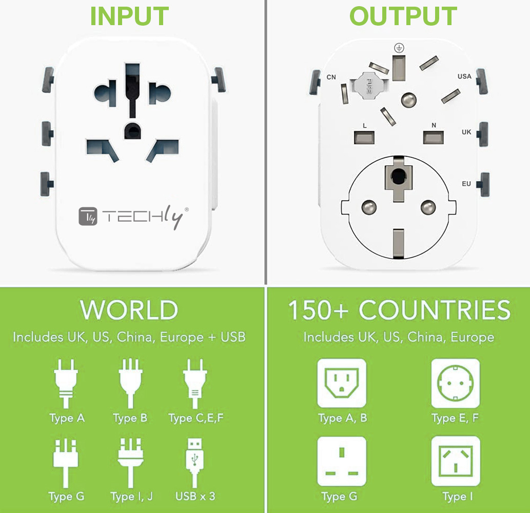 Adattatore da Viaggio Universale 150 Paesi 3 porte USB tipo A Bianco TECHLY - immagine 3