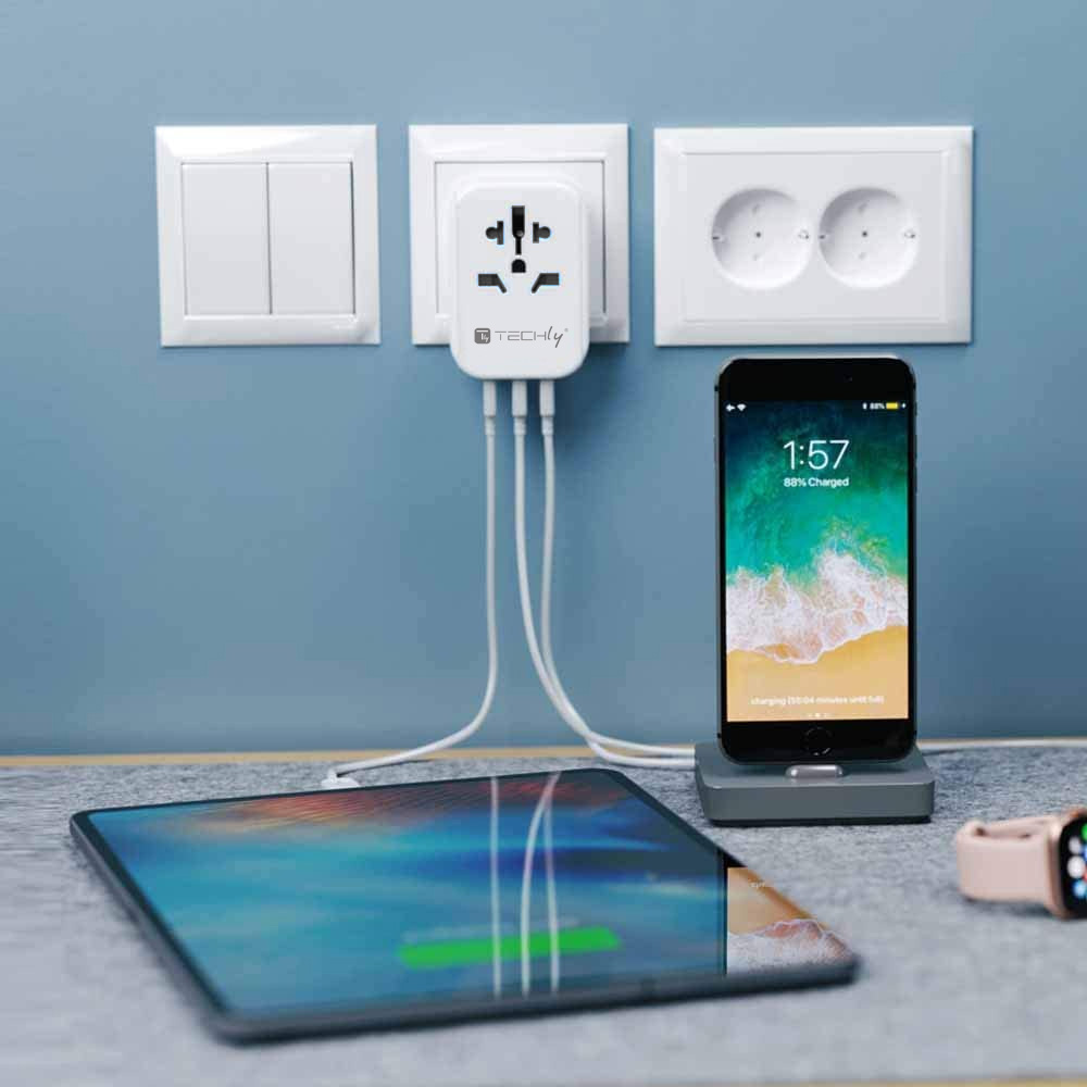 Adattatore da Viaggio Universale 150 Paesi 3 porte USB tipo A Bianco TECHLY - immagine 7