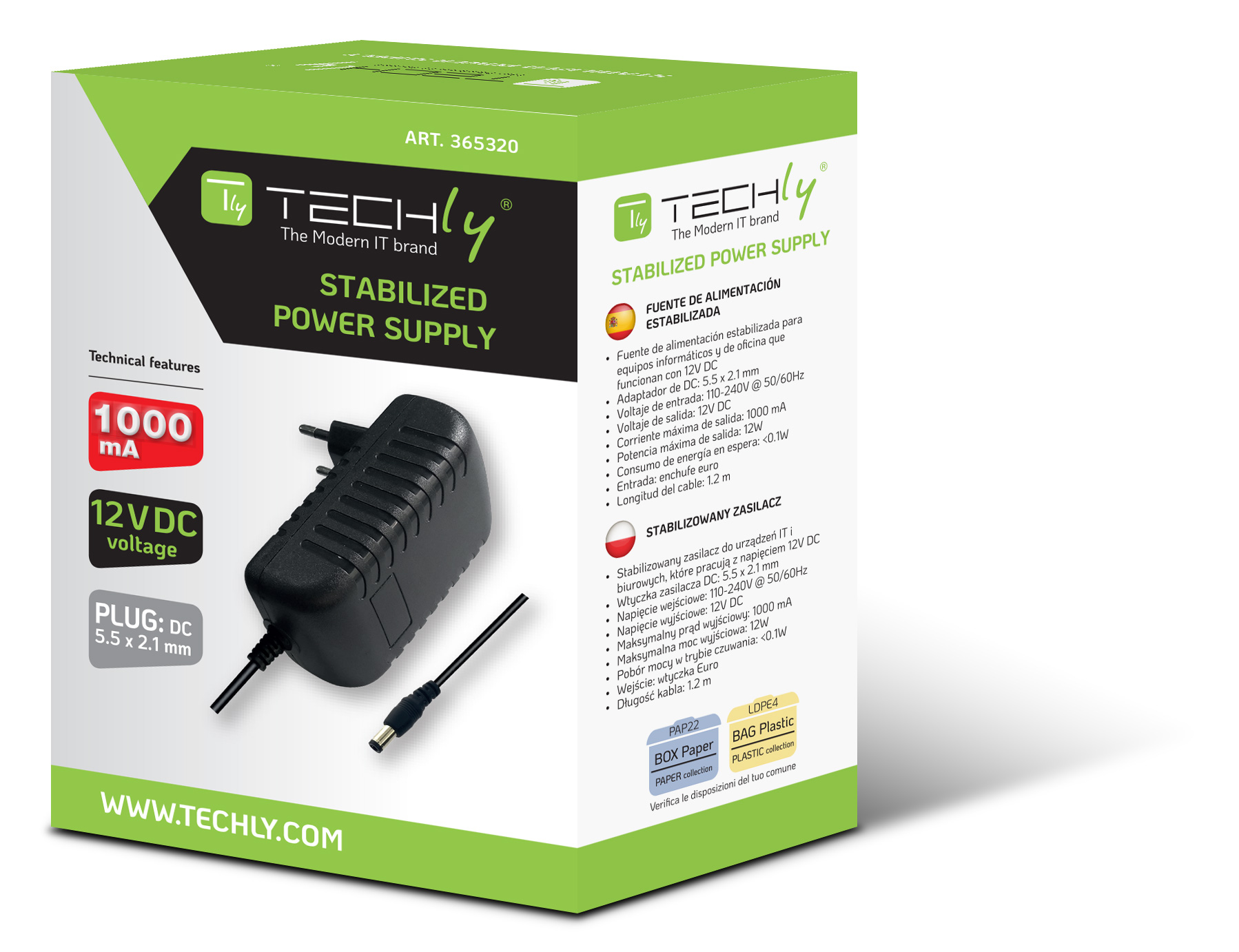 Alimentatore Universale 12V 1000mA Plug 5.5 x 2.1mm Nero TECHLY - immagine 2