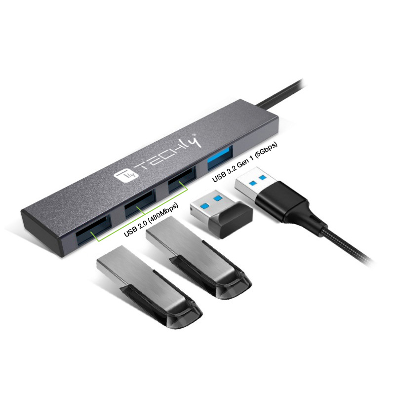 Hub USB-A 3.2 a 4 porte USB-A Slim in Metallo TECHLY - immagine 3