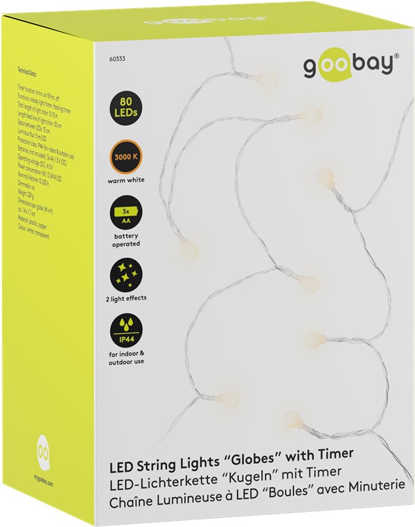 Stringa 80 LED Globo IP44 Bianco Caldo a Batteria con Timer GOOBAY - immagine 2
