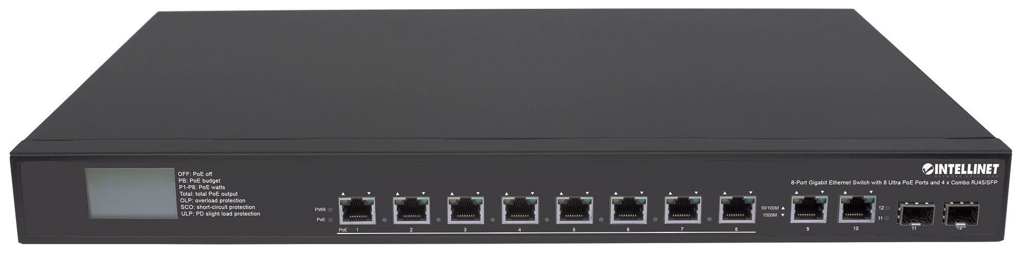 Gigabit Ethernet Switch 8 porte Ultra PoE con 4 porte Uplink e schermo LCD INTELLINET - immagine 2