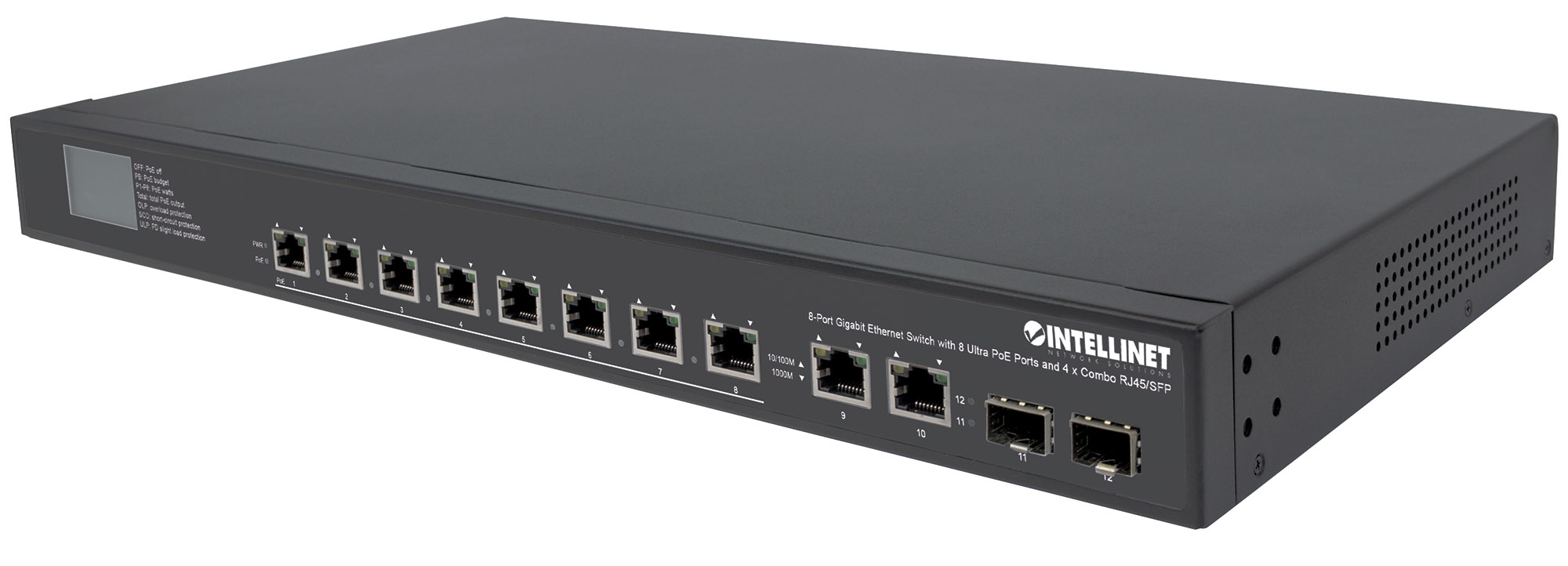 Gigabit Ethernet Switch 8 porte Ultra PoE con 4 porte Uplink e schermo LCD INTELLINET