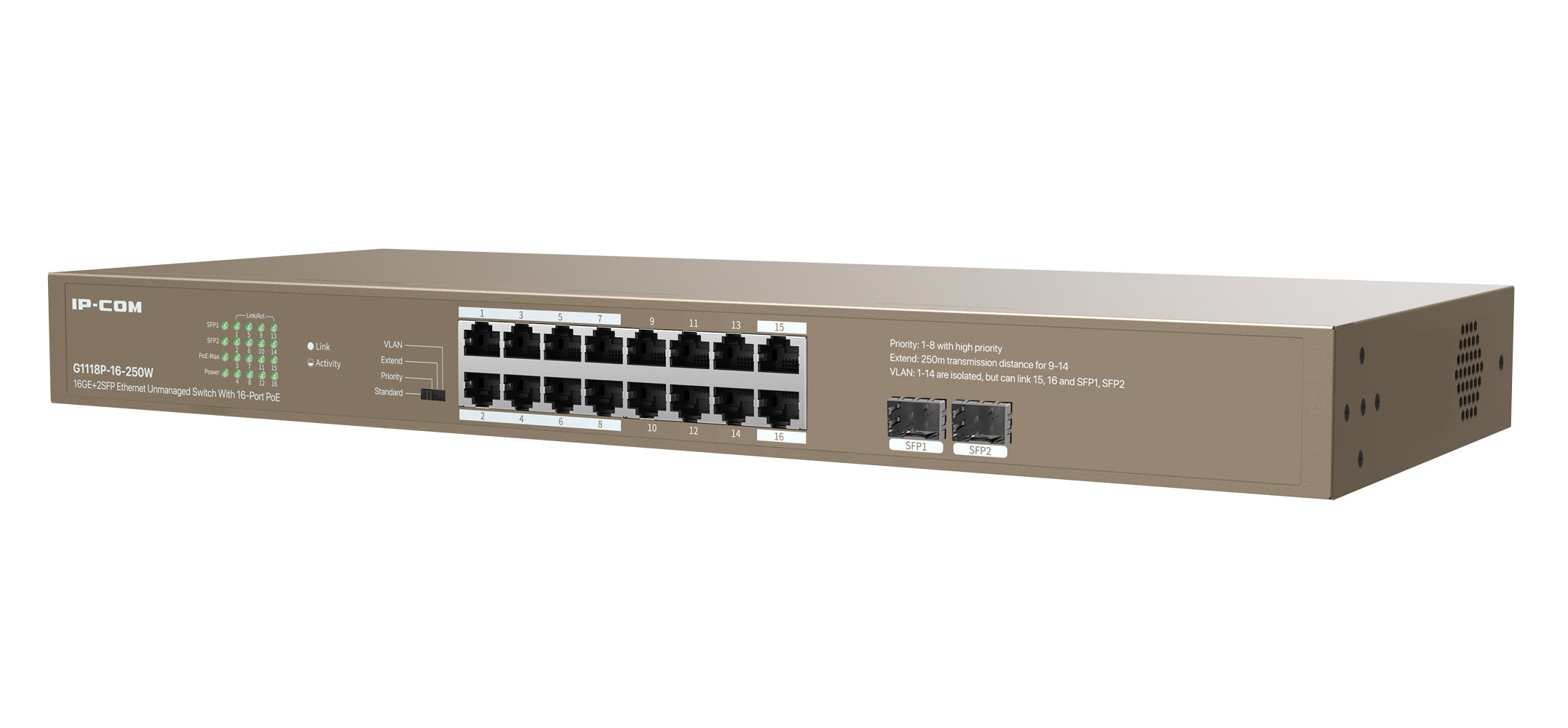 Unmanaged Switch Ethernet 16 Porte PoE 16GE+2SFP G1118P-16-250W IP-COM