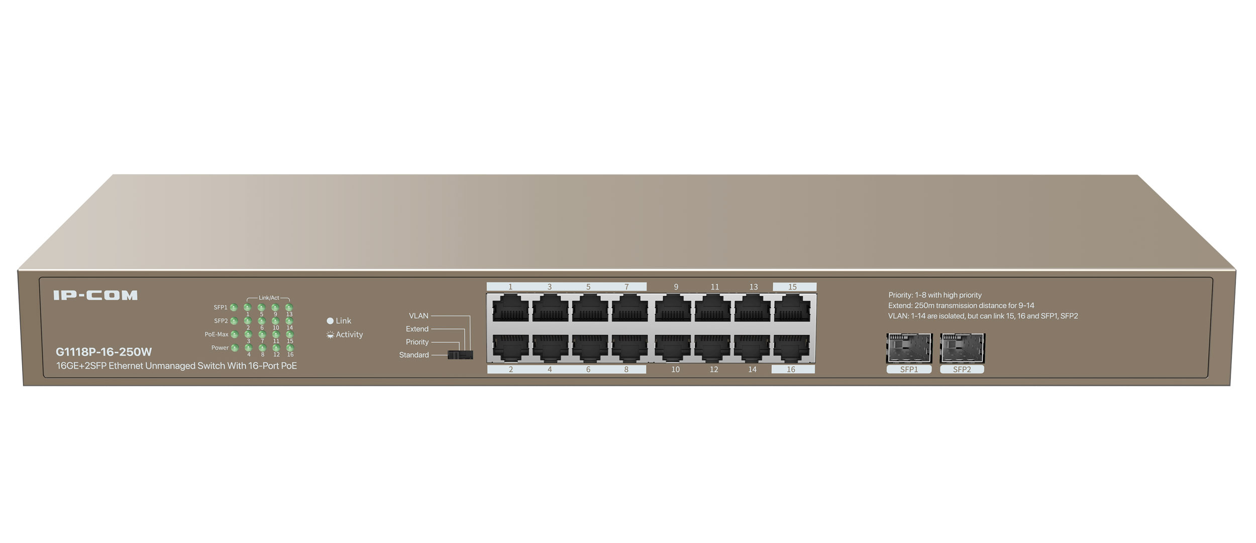 Unmanaged Switch Ethernet 16 Porte PoE 16GE+2SFP G1118P-16-250W IP-COM - immagine 3