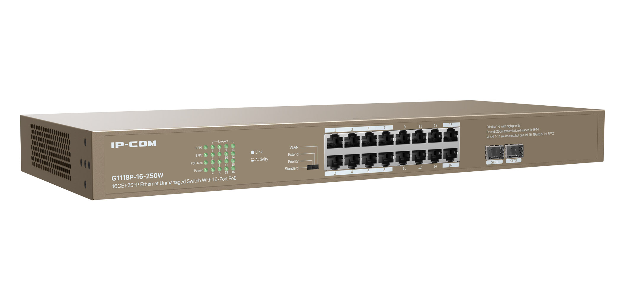 Unmanaged Switch Ethernet 16 Porte PoE 16GE+2SFP G1118P-16-250W IP-COM - immagine 2