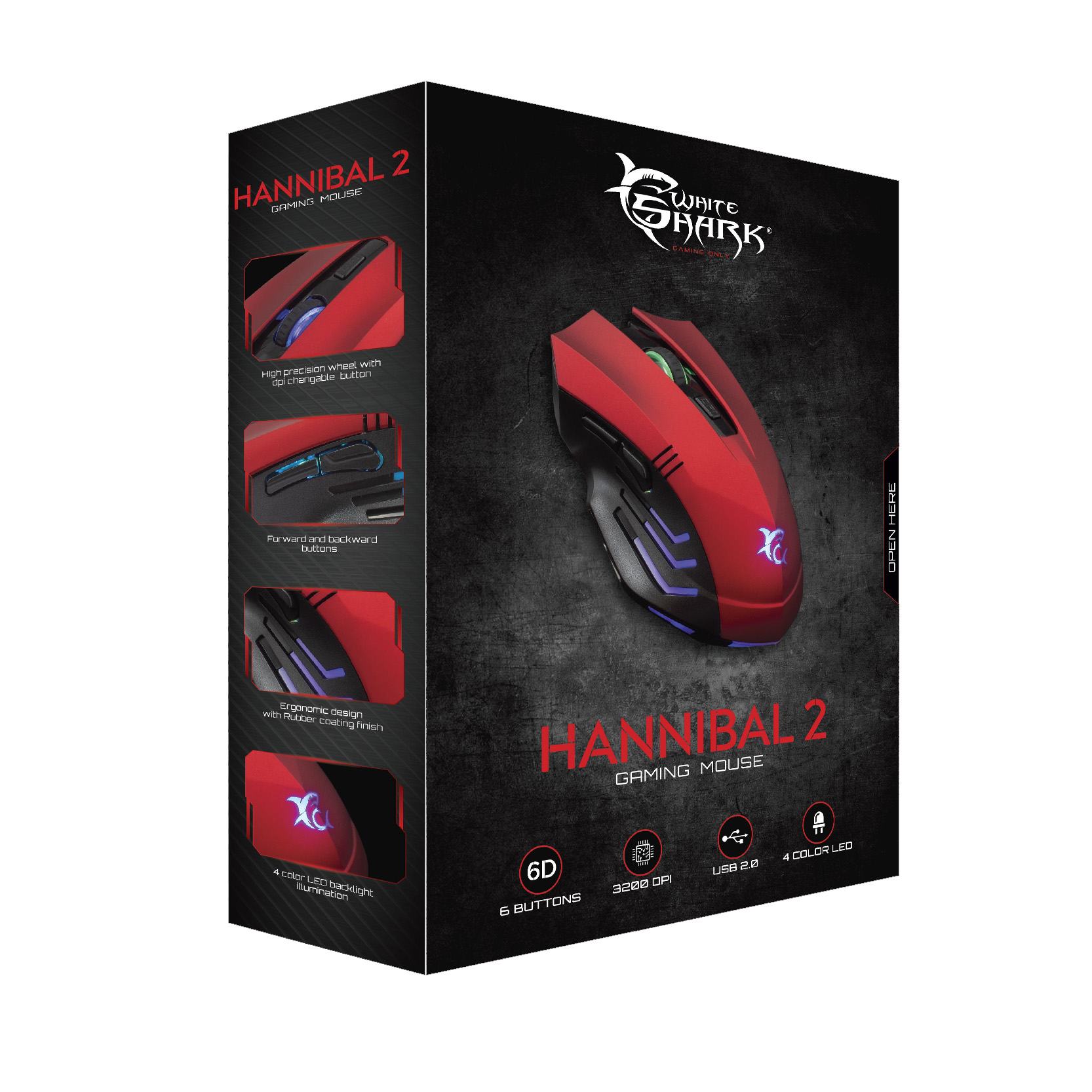 Mouse Gaming USB 3200dpi 6 Tasti Hannibal-2 GM-3006 Rosso WHITE SHARK - immagine 2