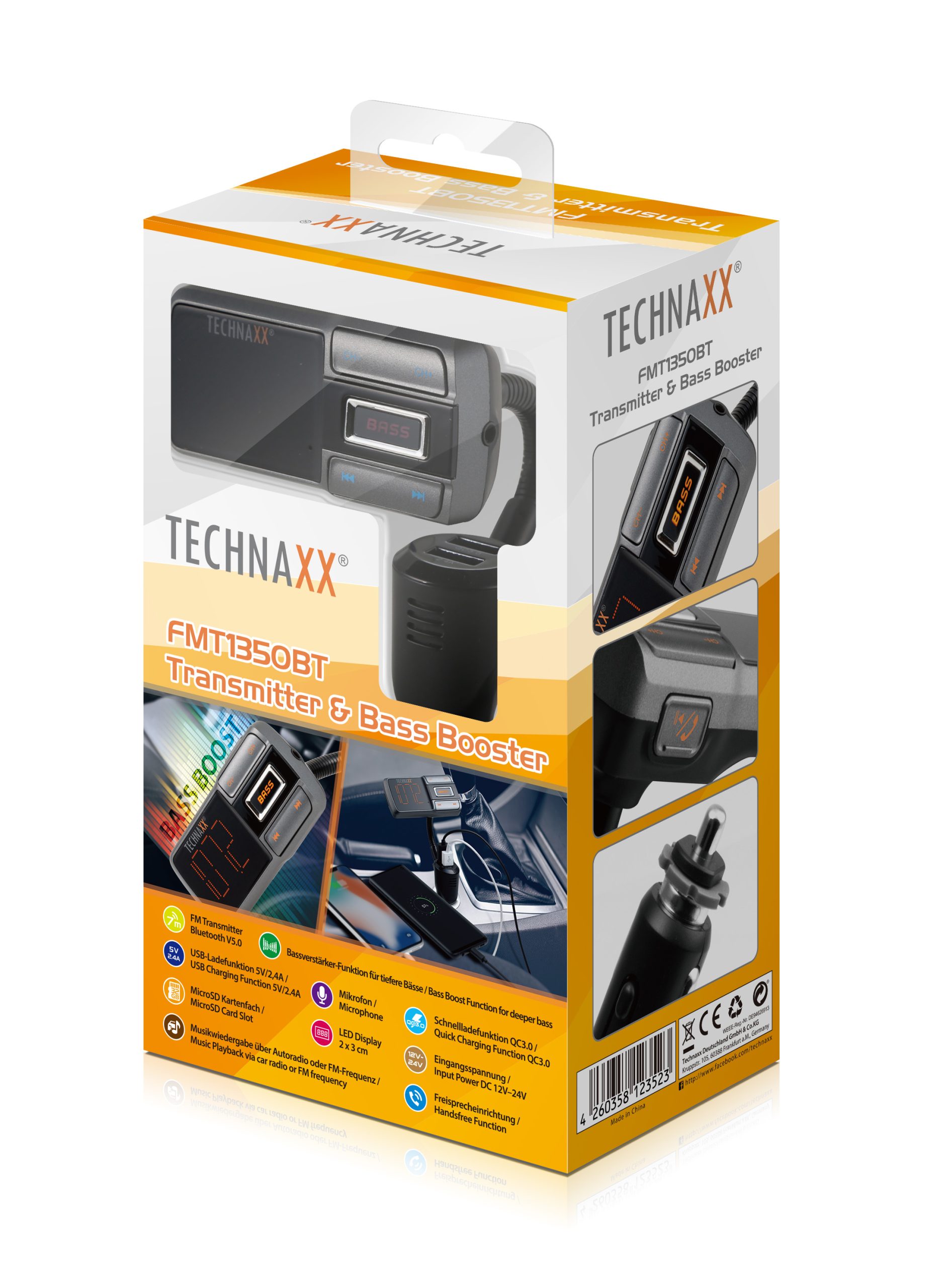 Trasmettitore FM e Bass Booster Ricarica Veloce QC3.0, 4822 TECHNAXX - immagine 2