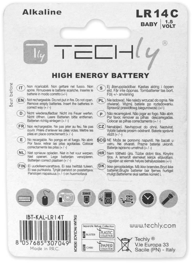 Blister 2 Batterie High Power Mezza Torcia C Alcaline LR14 1,5V TECHLY - immagine 2