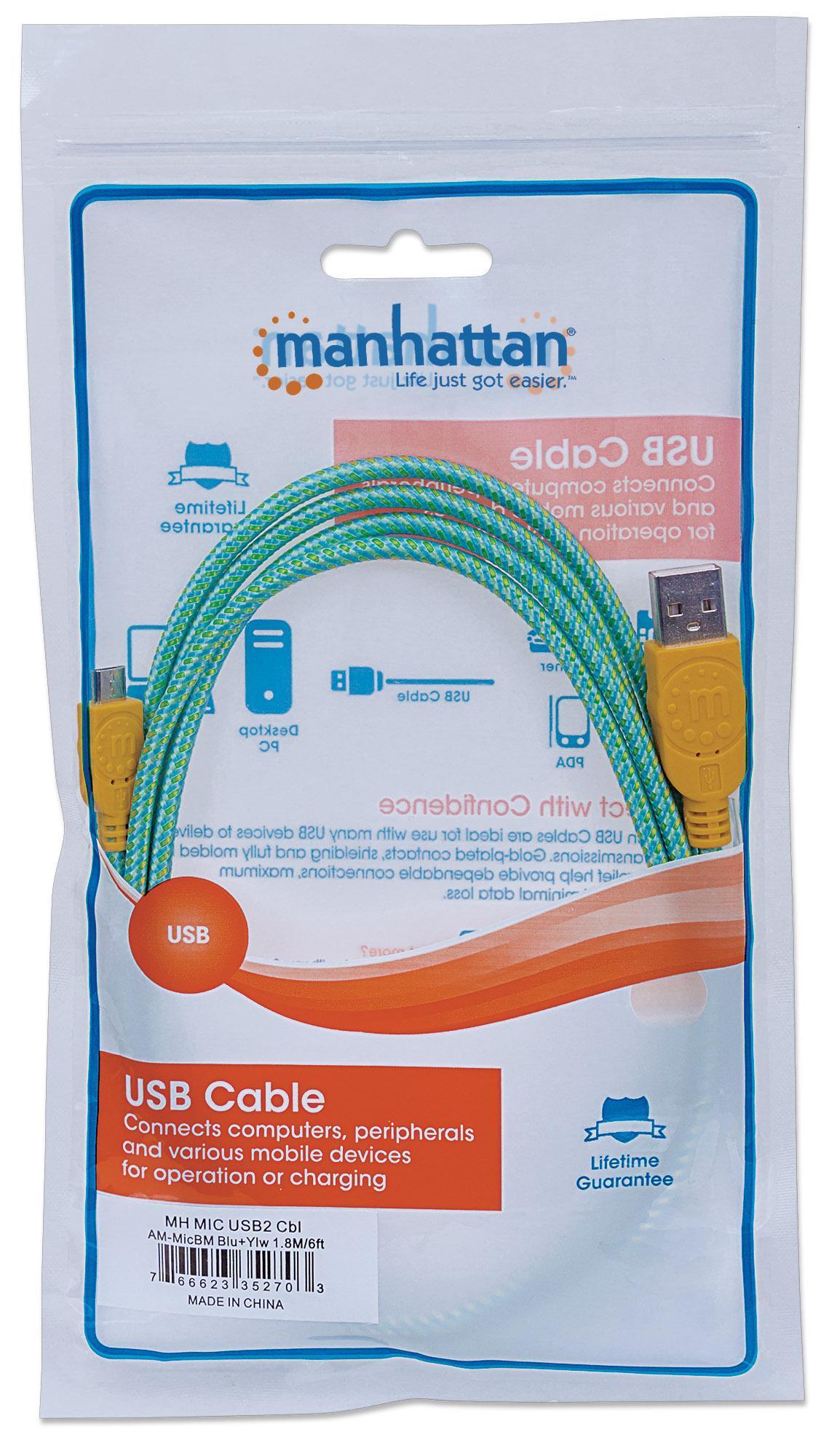 Cavo Micro USB Guaina Intrecciata USB/MicroUsb 1.8m Azzurro/Giallo MANHATTAN - immagine 2