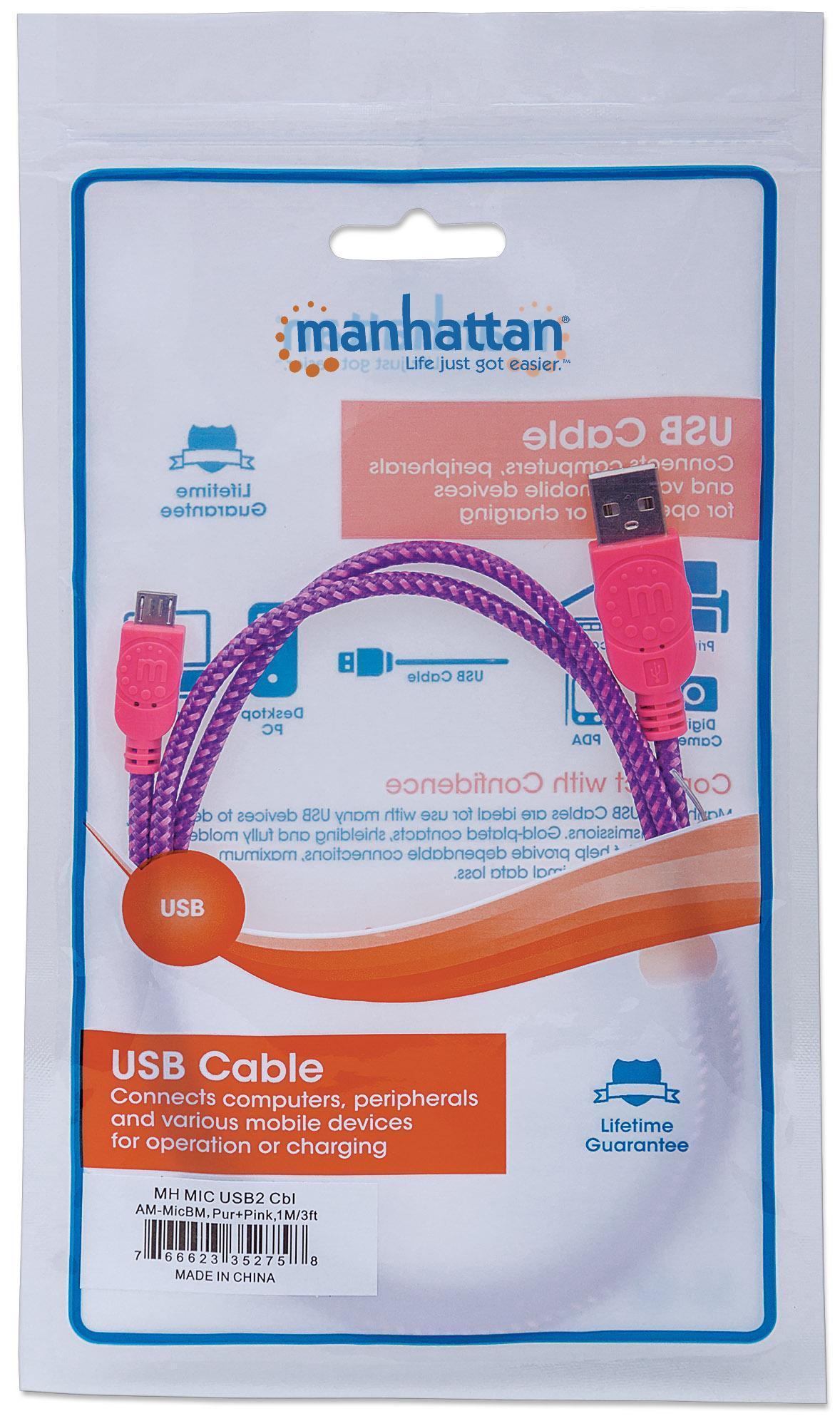 Cavo Micro USB Guaina Intrecciata USB2.0 A M/MicroB M 1m Viola/Fucsia MANHATTAN - immagine 2