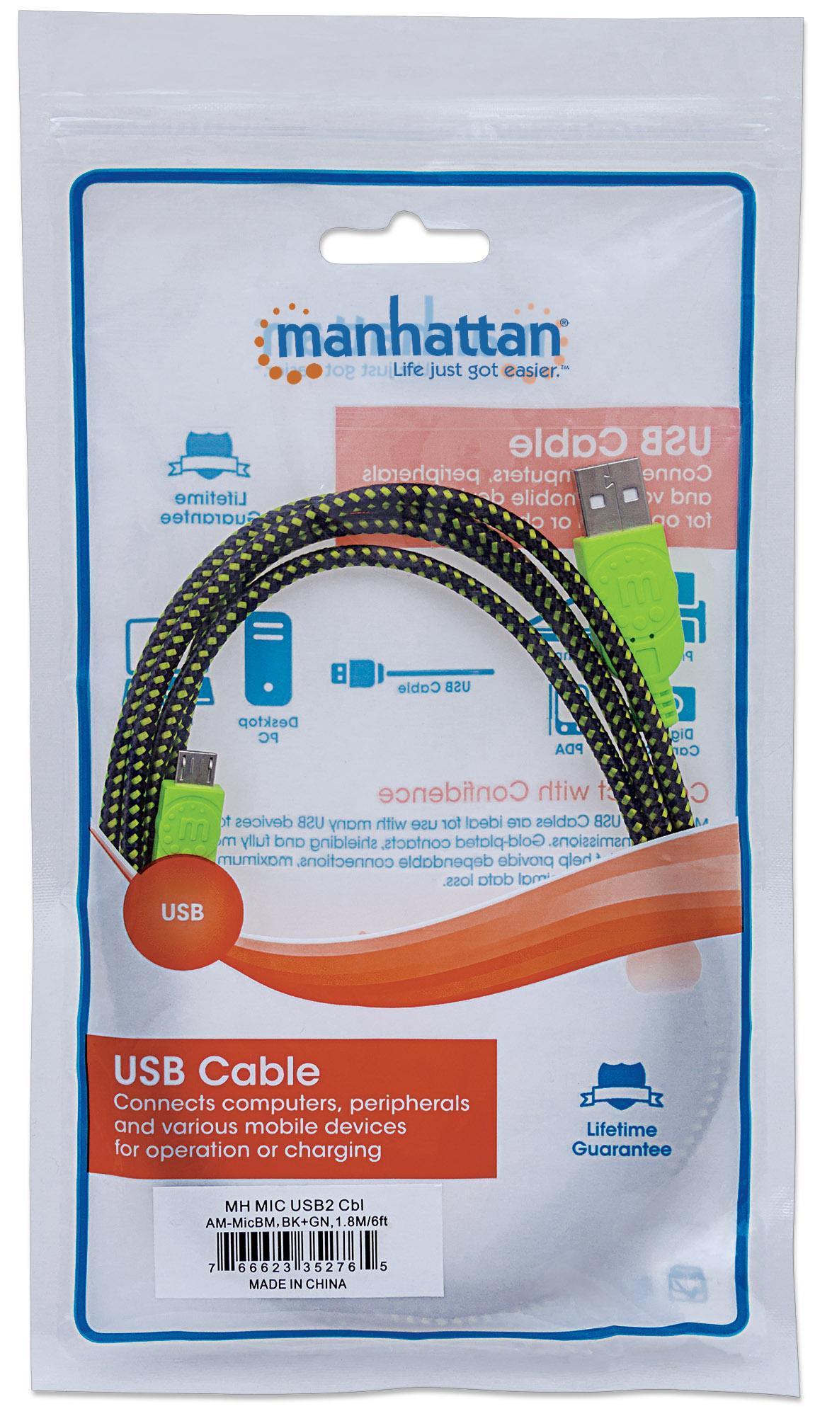 Cavo Micro USB Guaina Intrecciata USB/MicroUsb 1.8m Nero/Verde MANHATTAN - immagine 2