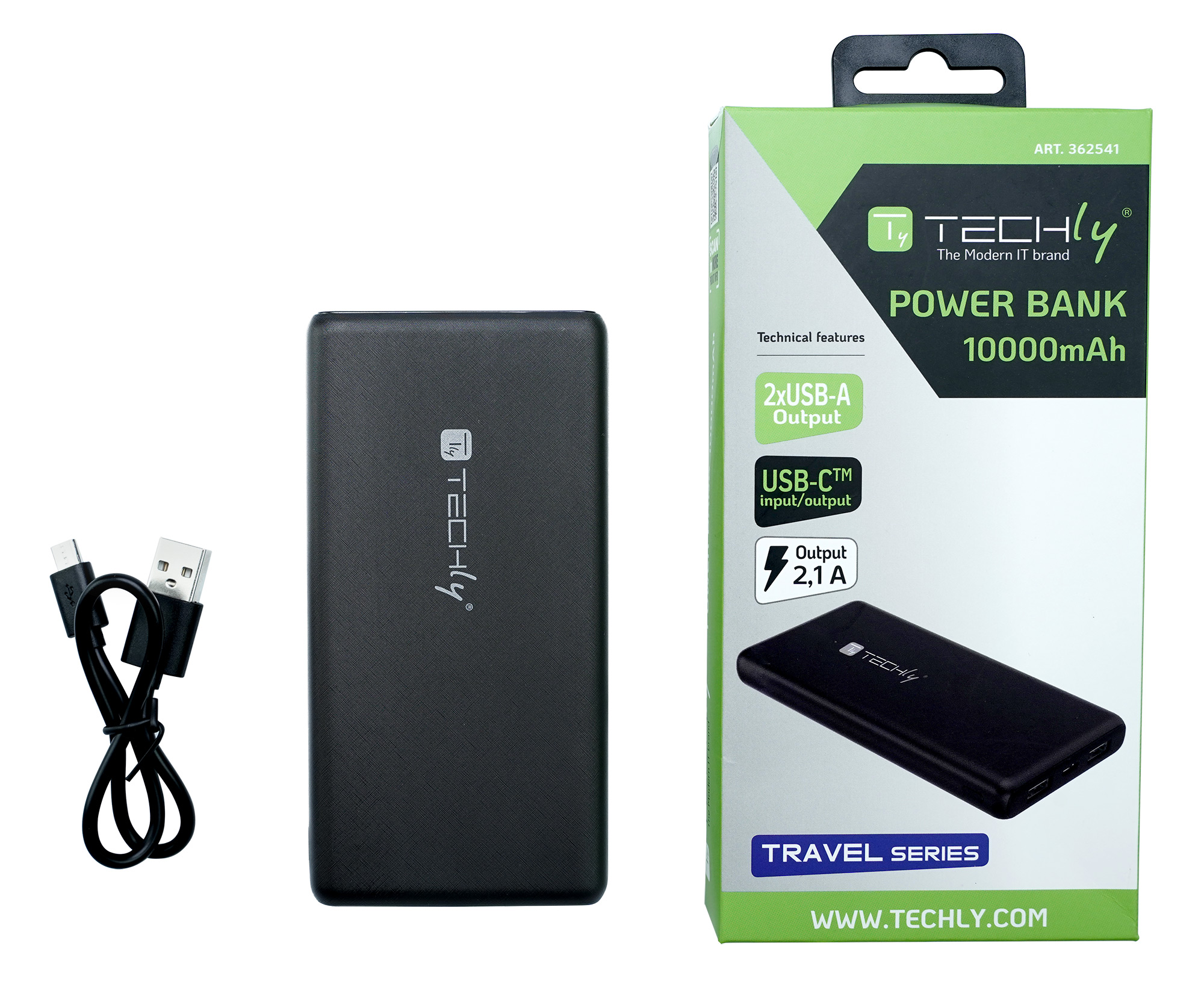 Power Bank Caricatore da 10000 mAh 2x USB 1x USB-C™ con Cavo USB-C™ TECHLY - immagine 10