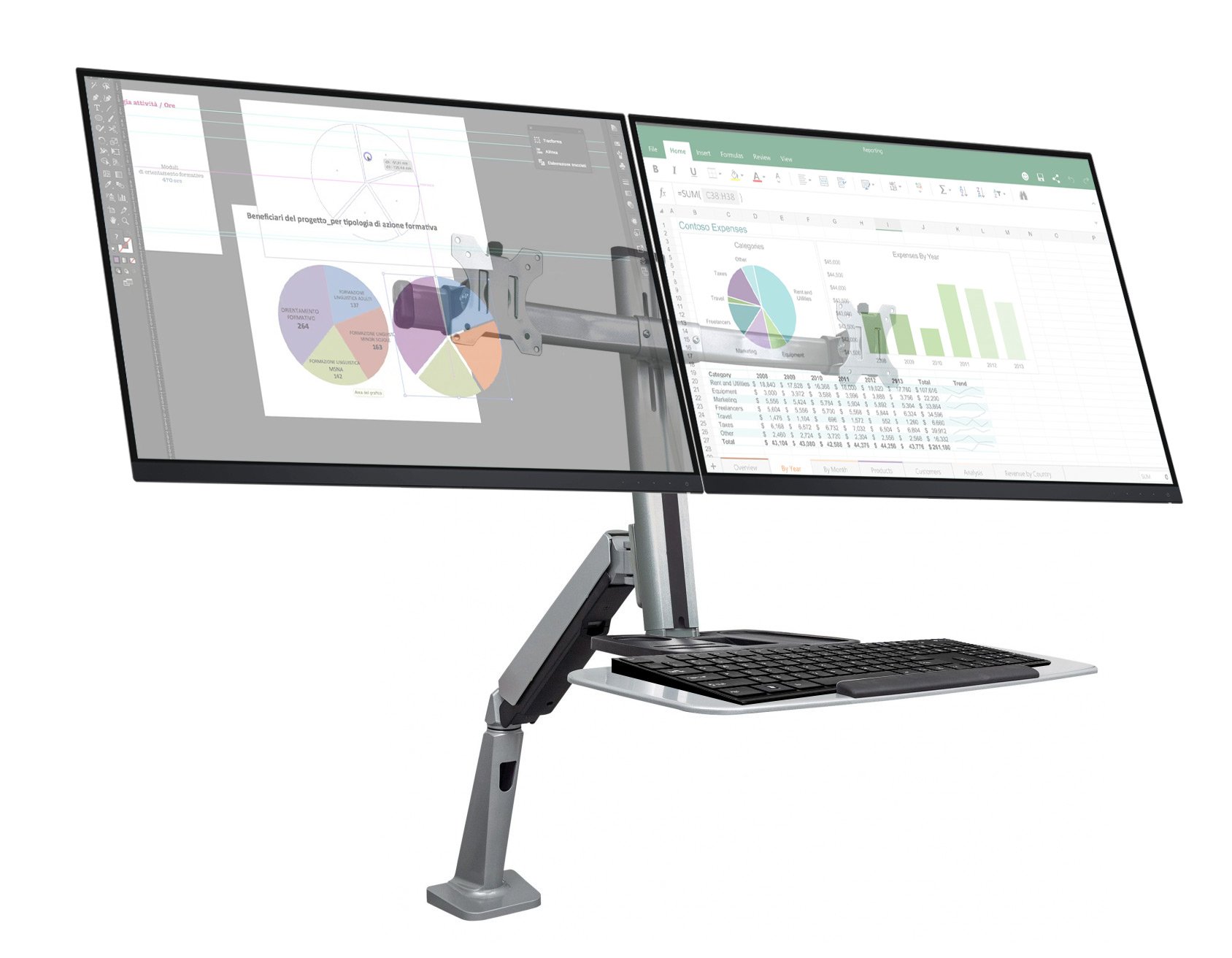 Supporto Scrivania Doppio Monitor 13''-27'' Molla a Gas Ripiano Tastiera MANHATTAN