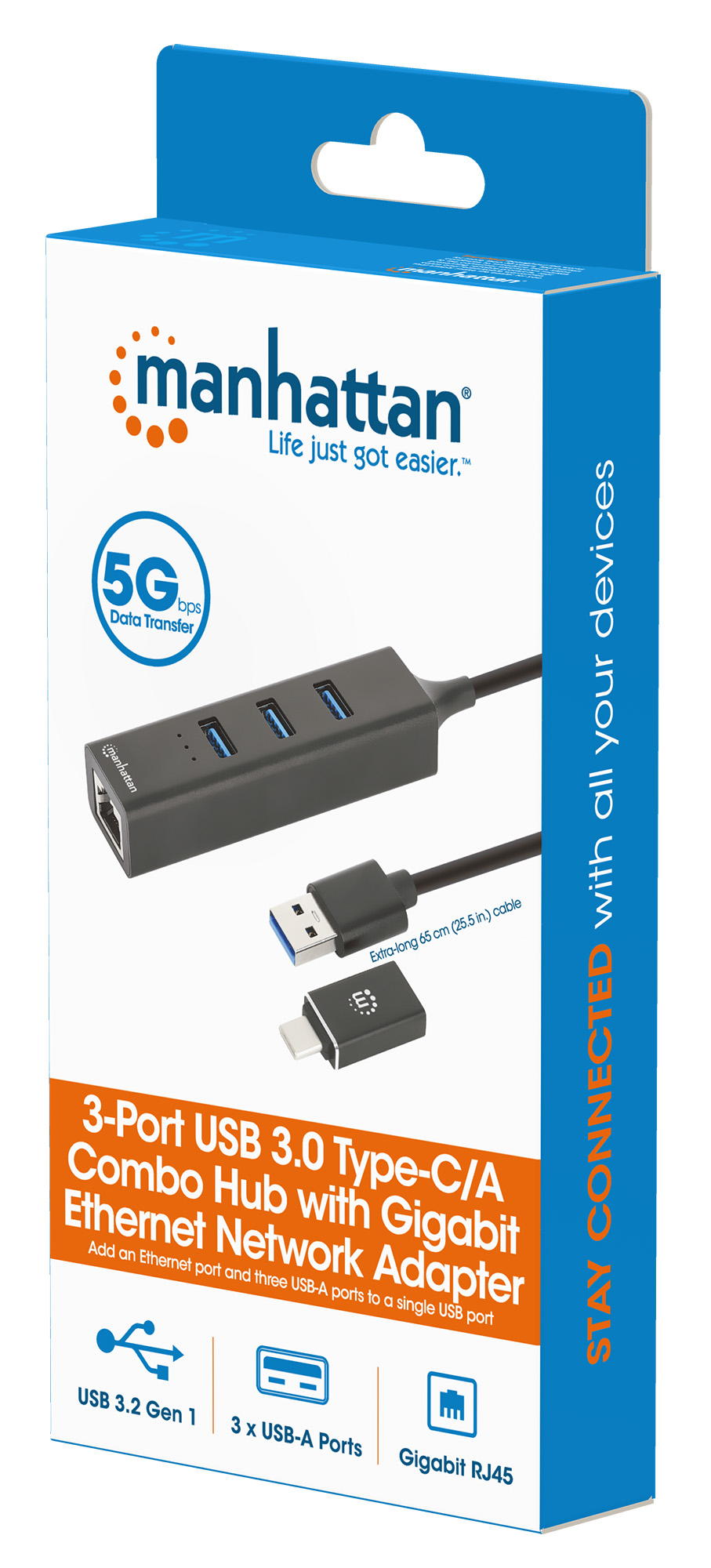 Hub USB 3.0 3 Porte Combo Type-C/A con Adattatore di Rete Gigabit MANHATTAN - immagine 2