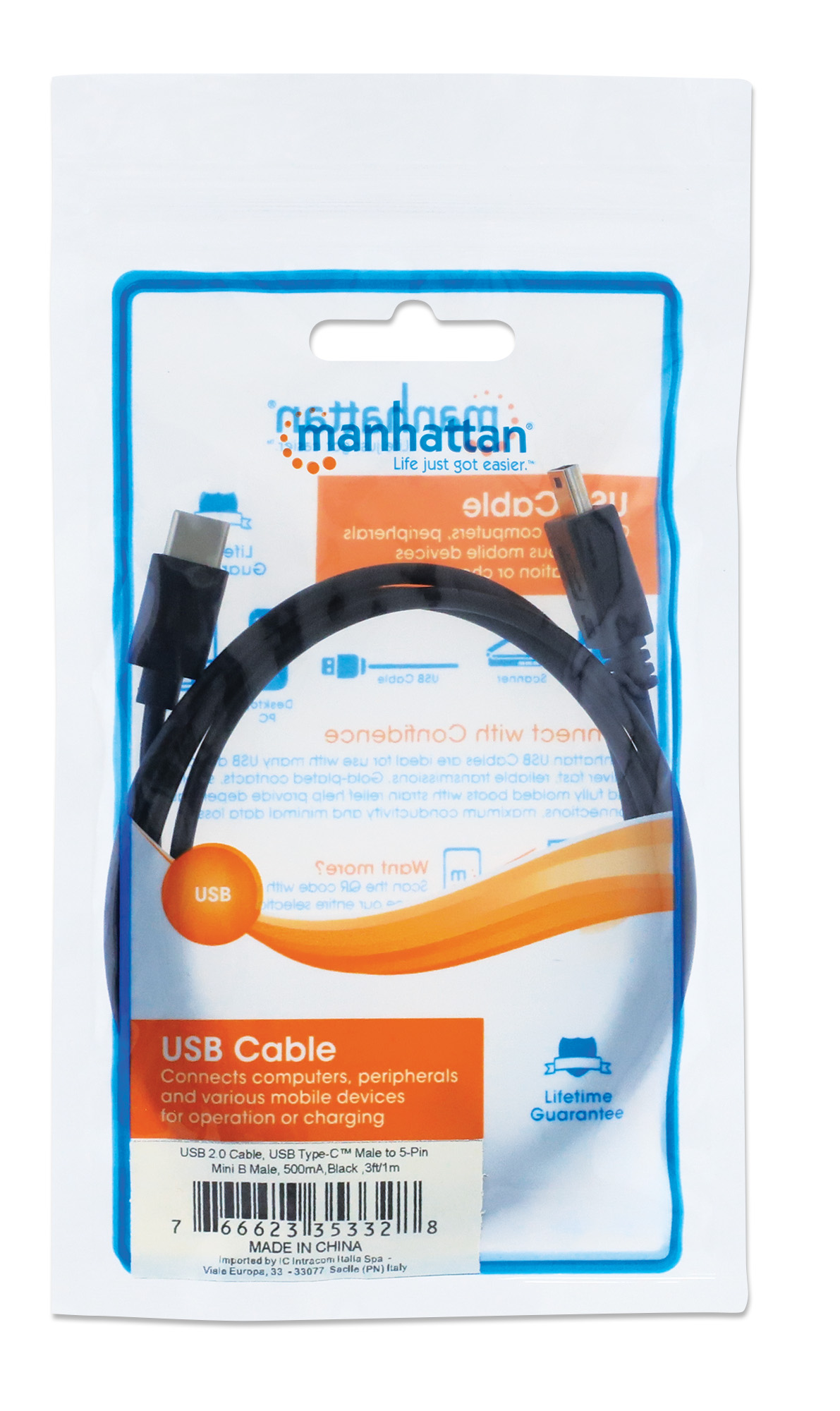 Cavo HiSpeed USB Mini-B Maschio / USB-C Maschio 1m Nero MANHATTAN - immagine 2