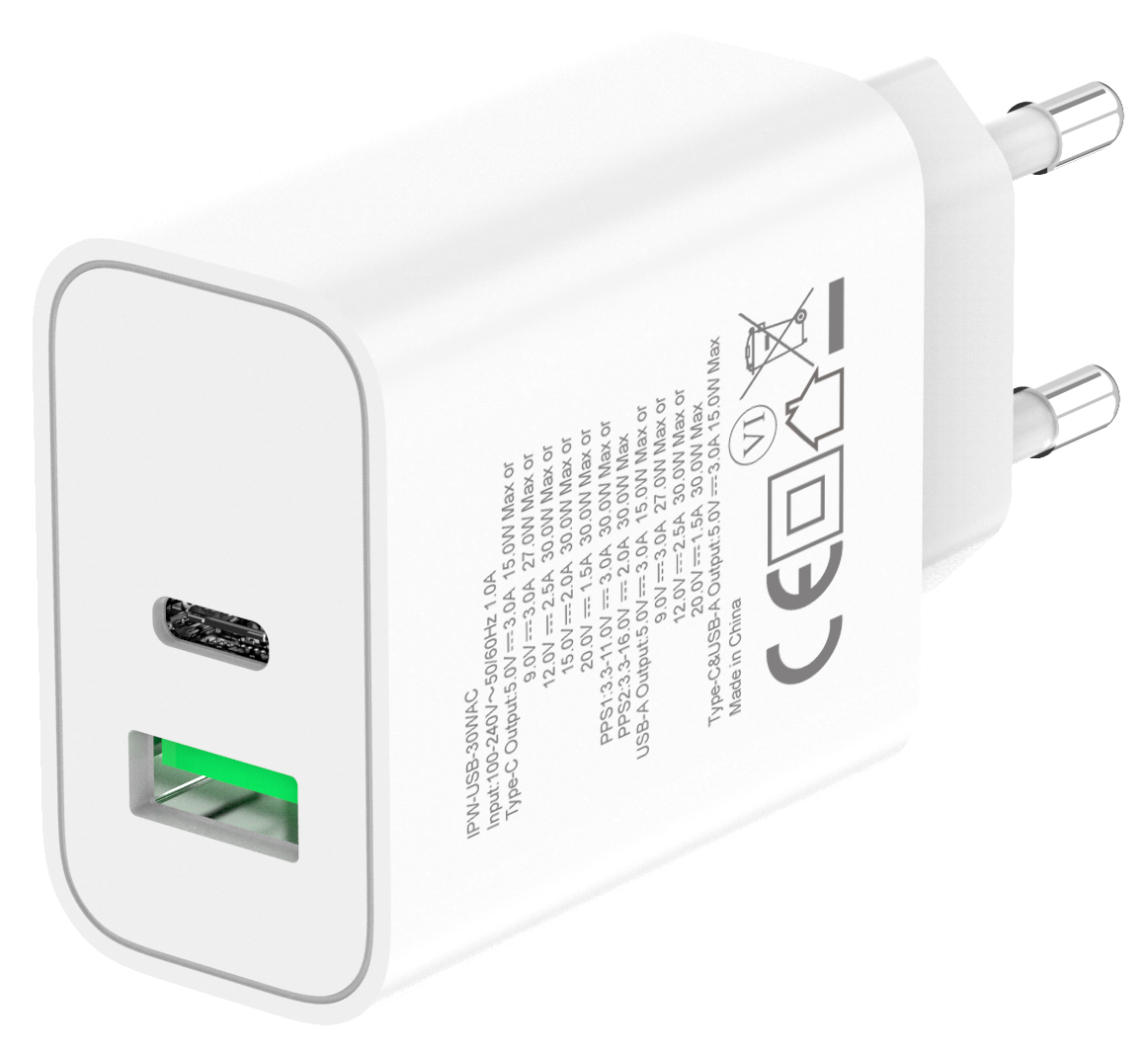 Caricatore Alimentatore USB-C™ 30W e USB-A QC3.0 da Muro TECHLY - immagine 2