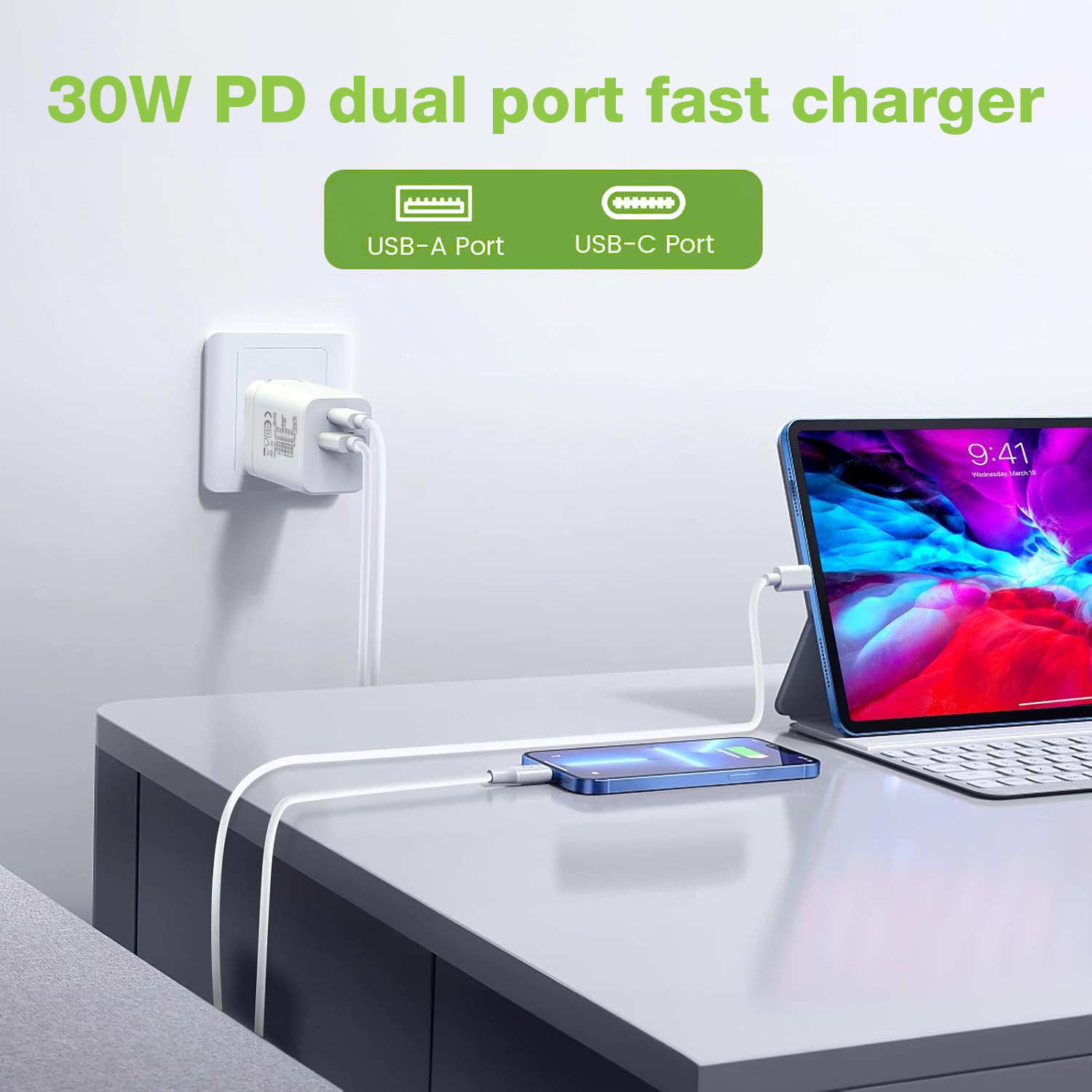Caricatore Alimentatore USB-C™ 30W e USB-A QC3.0 da Muro TECHLY - immagine 5