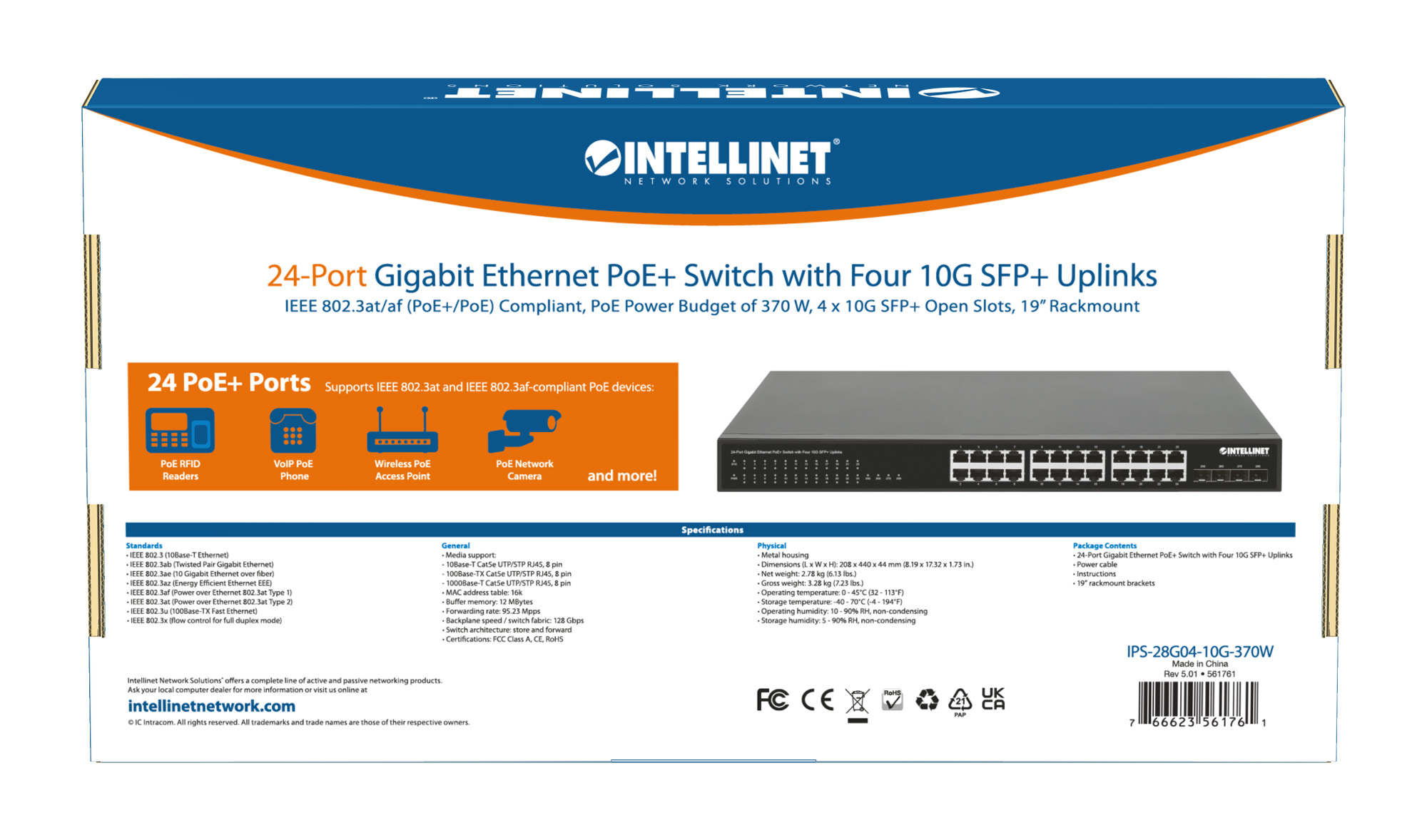 Switch PoE+ Gigabit Ethernet a 24 porte con Quattro Uplink SFP+ 10G INTELLINET - immagine 10