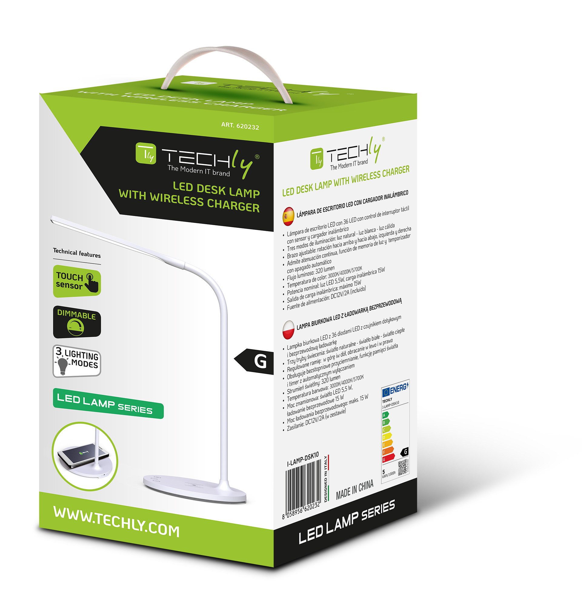 Lampada a 36 LED da Scrivania con Caricatore Wireless Integrato per Smartphone TECHLY