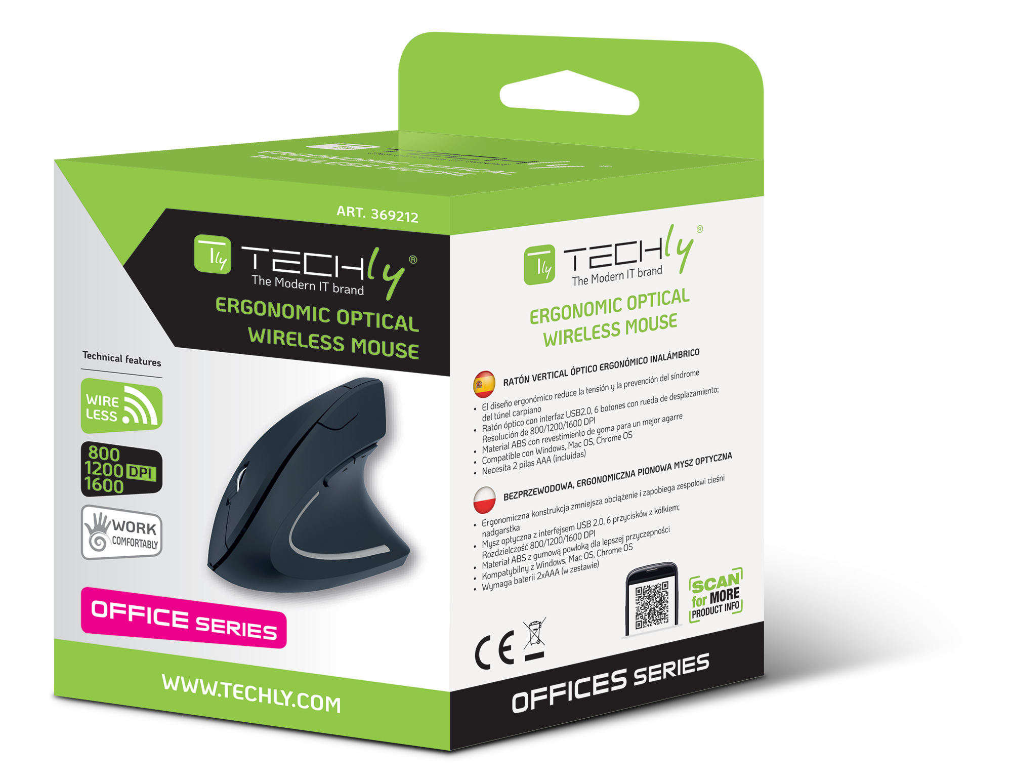 Mouse Verticale Ottico 1600dpi Ergonomico Wireless TECHLY - immagine 2