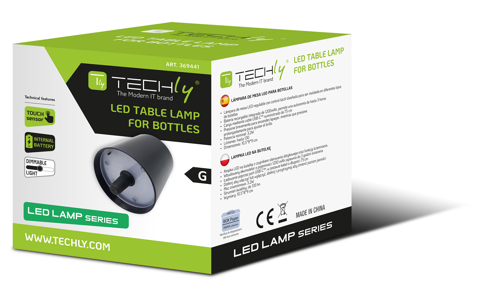 Lampada LED Paralume per Bottiglie Dimmerabile Batteria Ricaricabile Alimentazione USB-C™ TECHLY - immagine 2