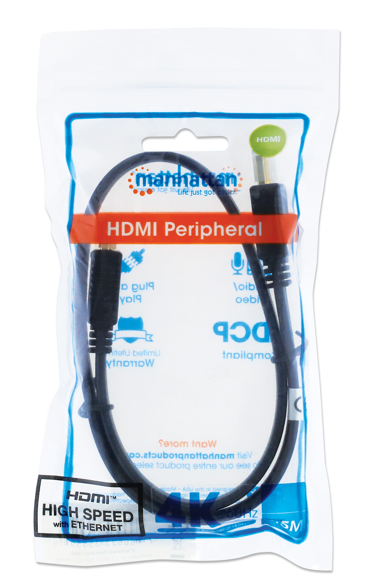 Cavo HDMI High Speed With Ethernet Piatto 0.5m nero MANHATTAN