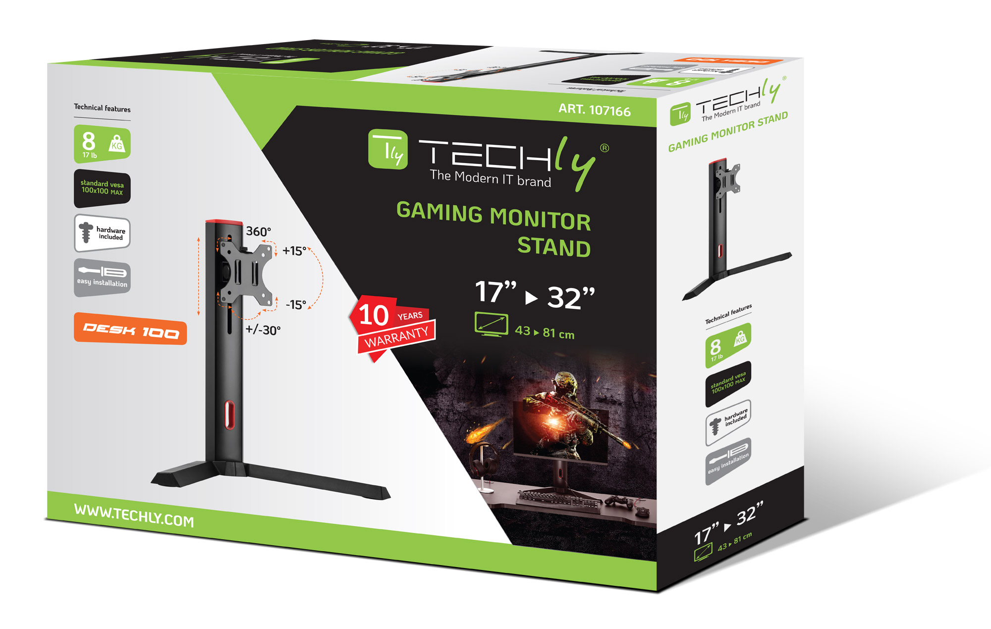 Supporto da Scrivania per Monitor Gaming LCD 17-32'' Nero TECHLY - immagine 2