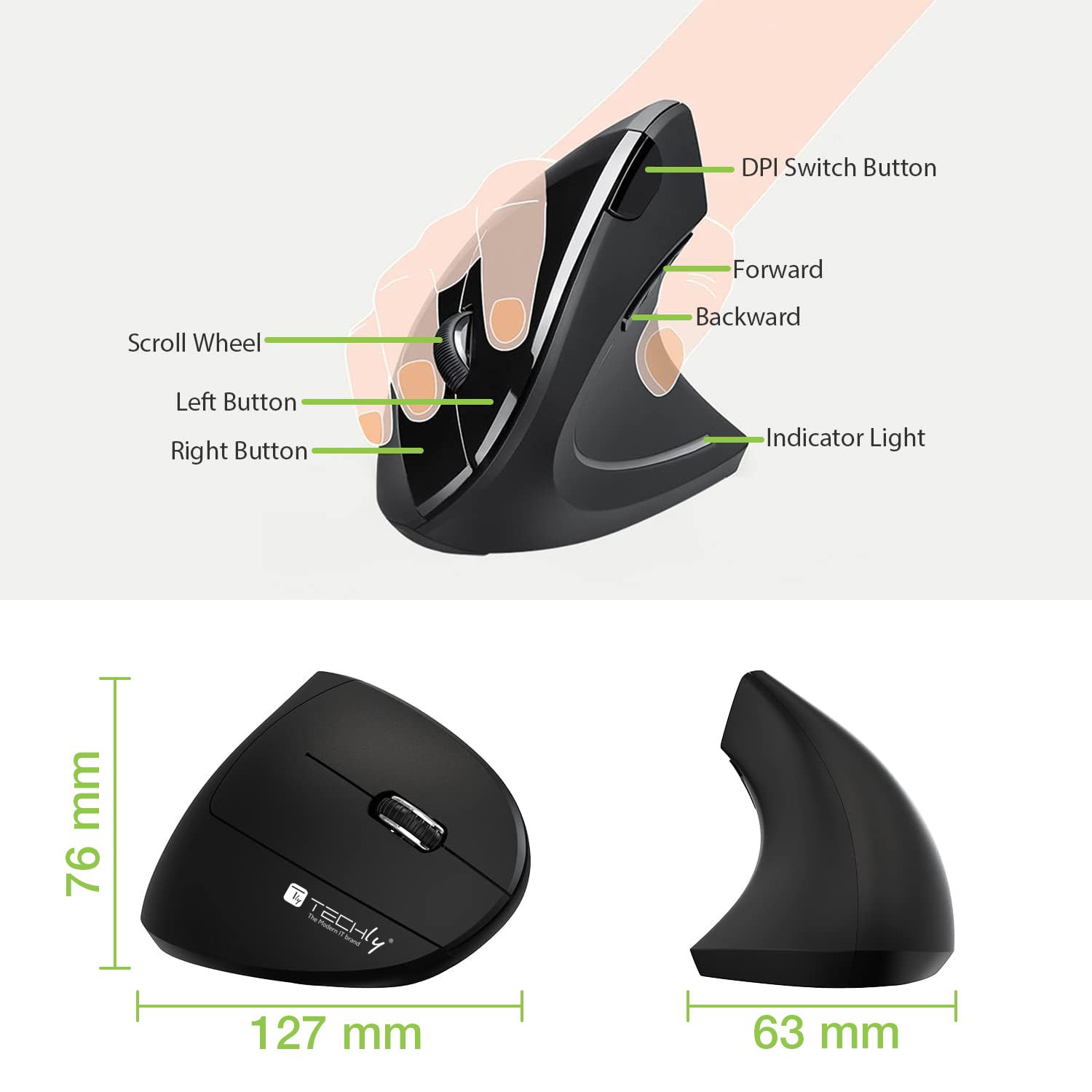 Mouse Verticale Ottico 1600dpi Ergonomico Wireless TECHLY - immagine 3