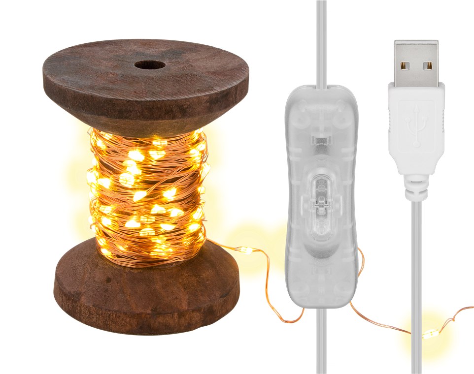 Bobina con Filo di Rame 100 Luci LED IP21 USB Interruttore On Off