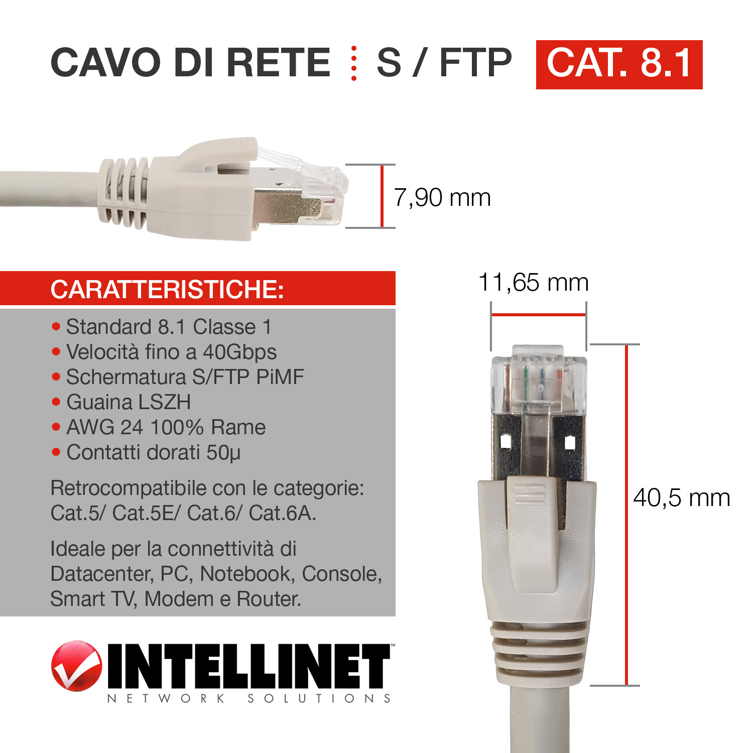 Cavo di rete Patch in rame Cat.8.1 SFTP LSZH 2m Grigio INTELLINET - immagine 4