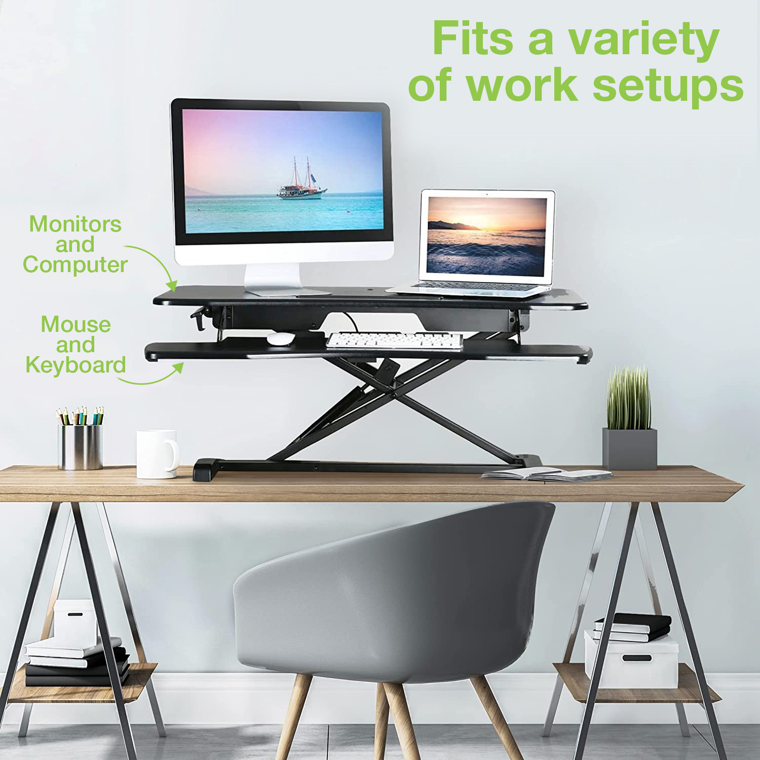 Convertitore da Scrivania In Piedi Sit Stand con Molla a Gas e Vassoio Porta Tastiera TECHLY - immagine 5