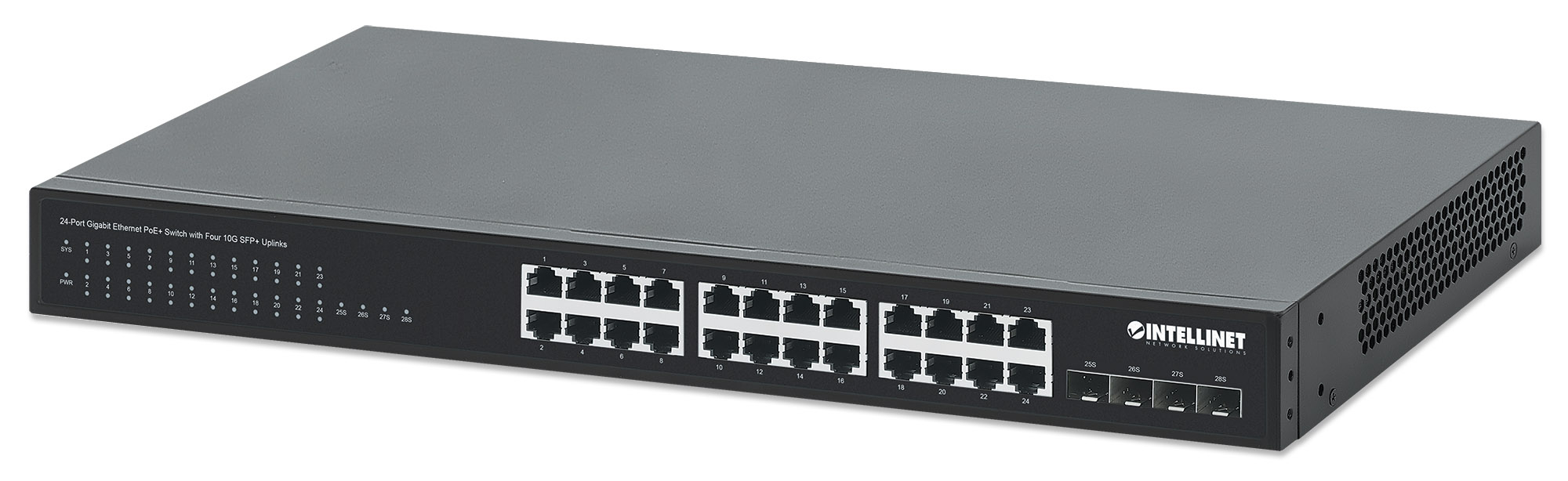 Switch PoE+ Gigabit Ethernet a 24 porte con Quattro Uplink SFP+ 10G INTELLINET