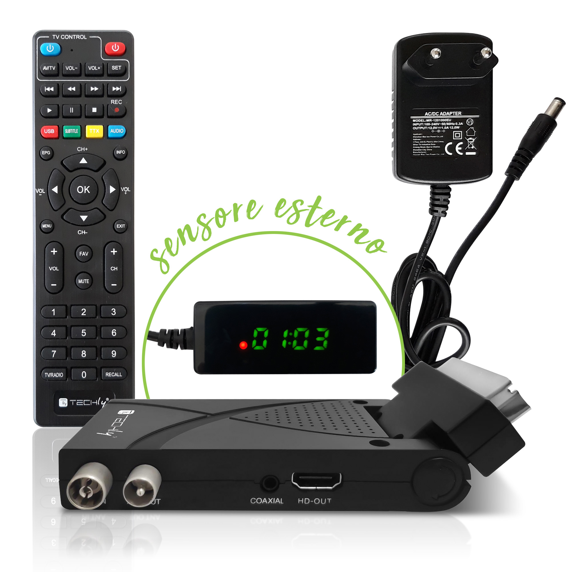 Decoder Ricevitore Digitale Terrestre DVB-T/T2 H.265 HEVC 10bit USB HDMI Scart 180&deg; e Telecomando Universale 2 in 1 TECHLY