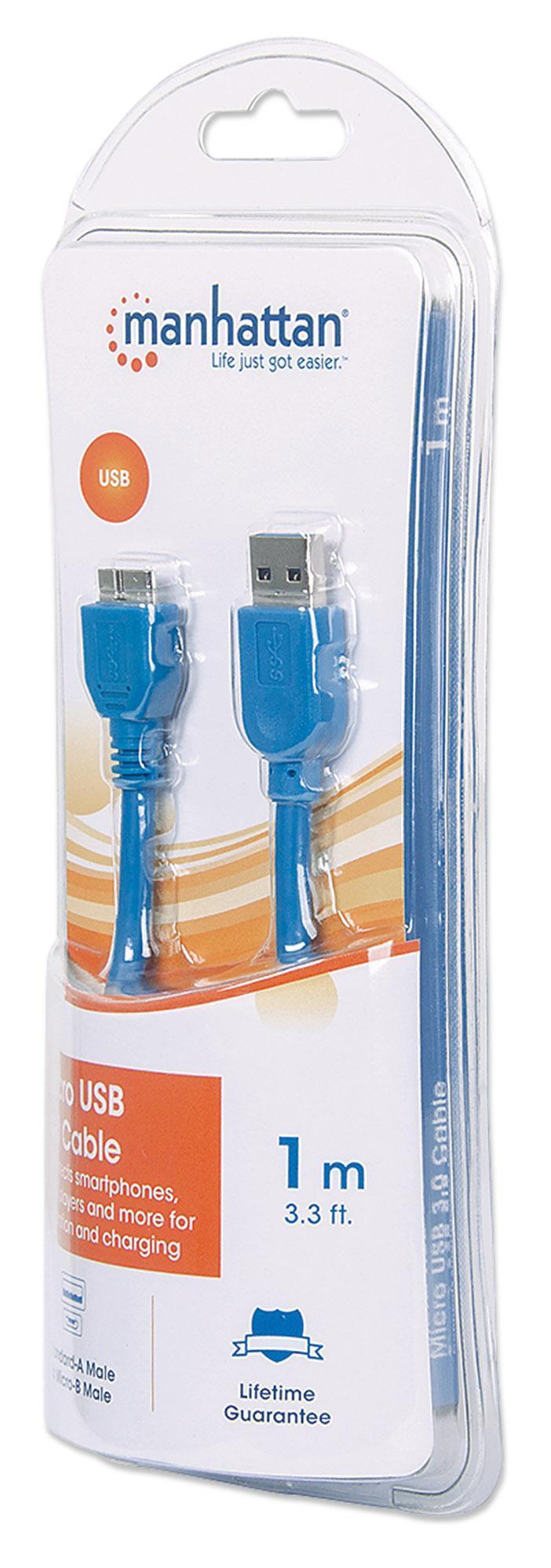 Cavo USB 3.0 SuperSpeed A/Micro B M/M 1 m Blu in Blister MANHATTAN