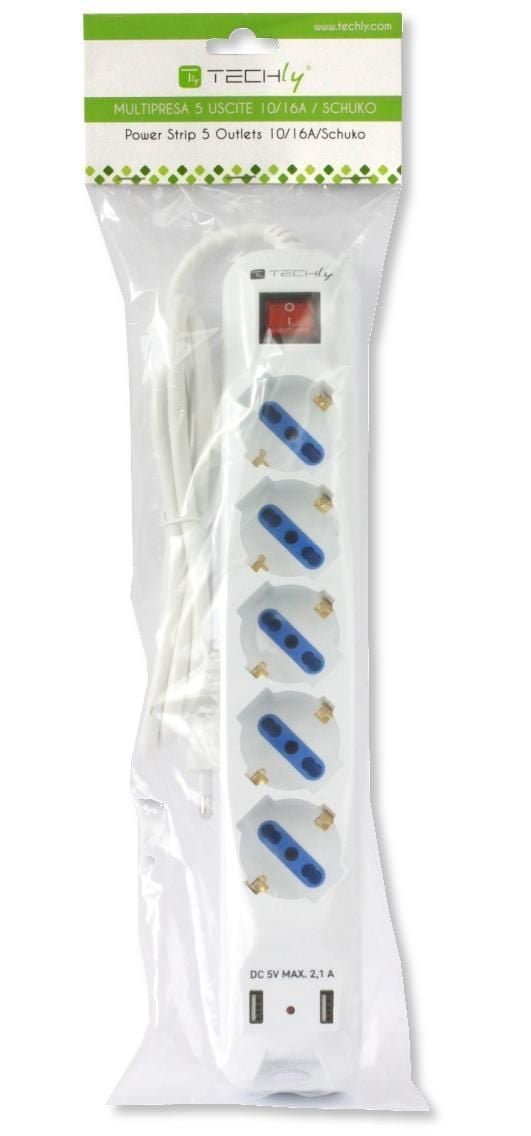 Multipresa 5 Posti Italiana Bipasso con 2 Prese USB TECHLY - immagine 2