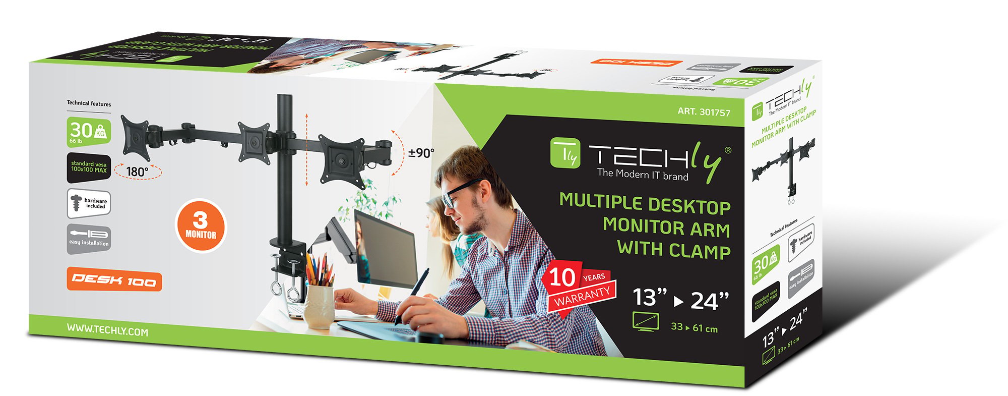 Supporto Scrivania Triple Monitor Clamp 13-24'' TECHLY - immagine 2