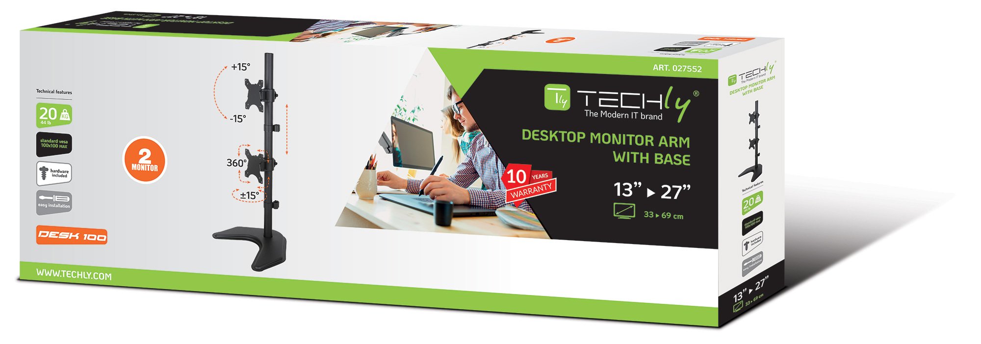Supporto da Scrivania 2 Monitor 13-27'' Fissaggio con Base o Vite Passante TECHLY - immagine 2