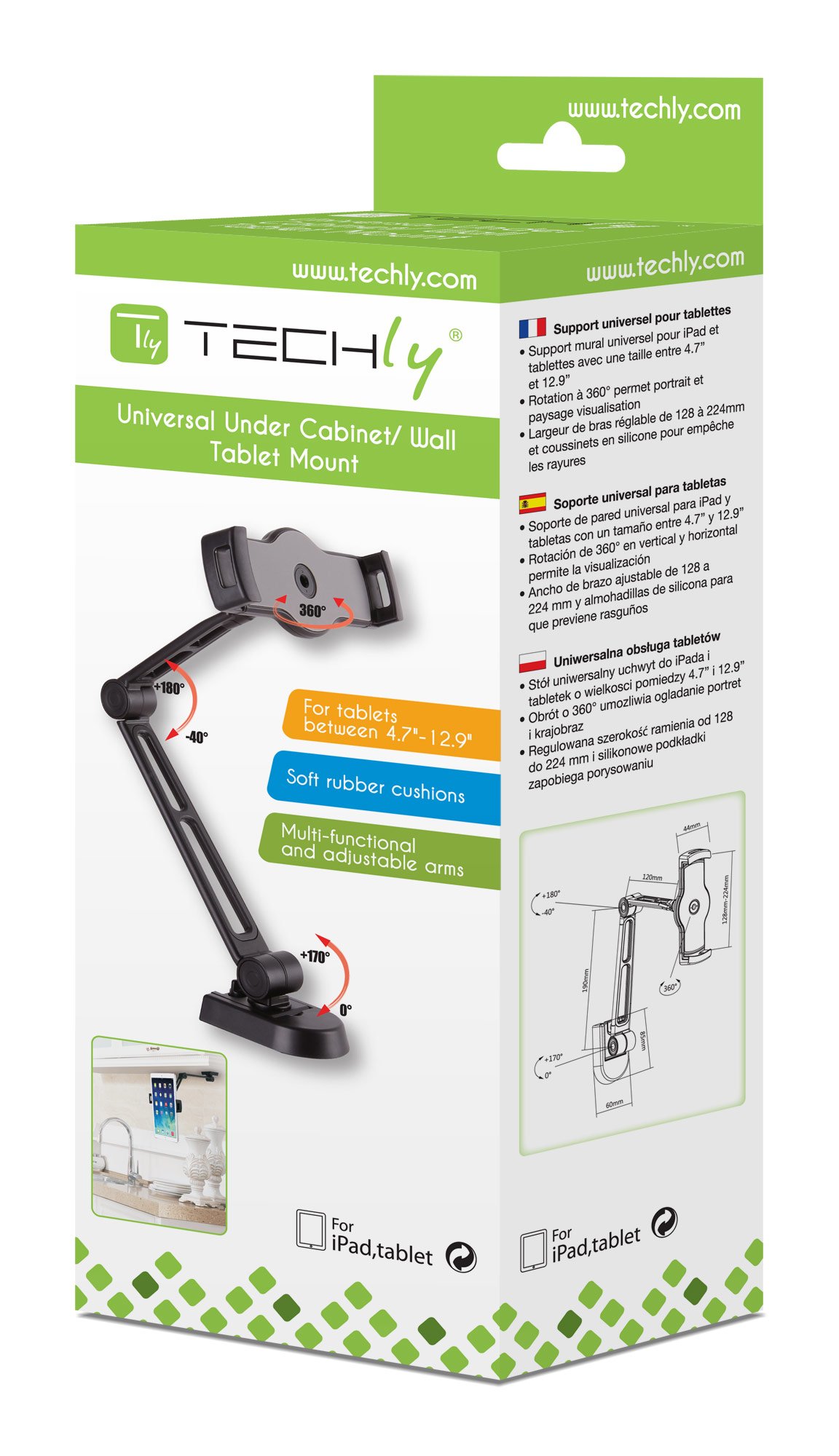 Supporto Estensibile per Tablet e i-Pad 4.7''-12.9'' da Muro o Sottopensile TECHLY - immagine 2