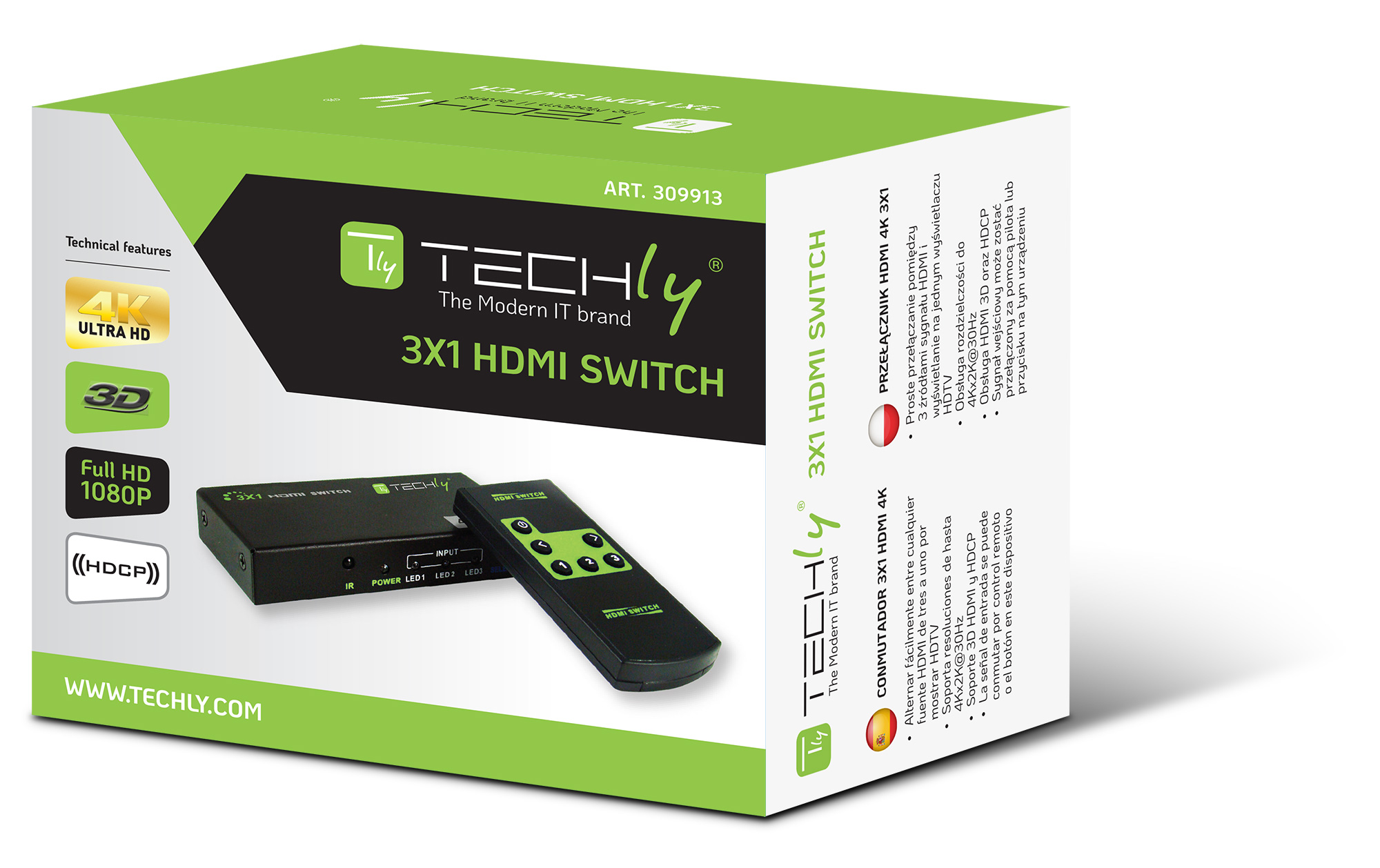 Switch HDMI 3 IN 1 OUT con Telecomando 4K UHD 3D TECHLY - immagine 2