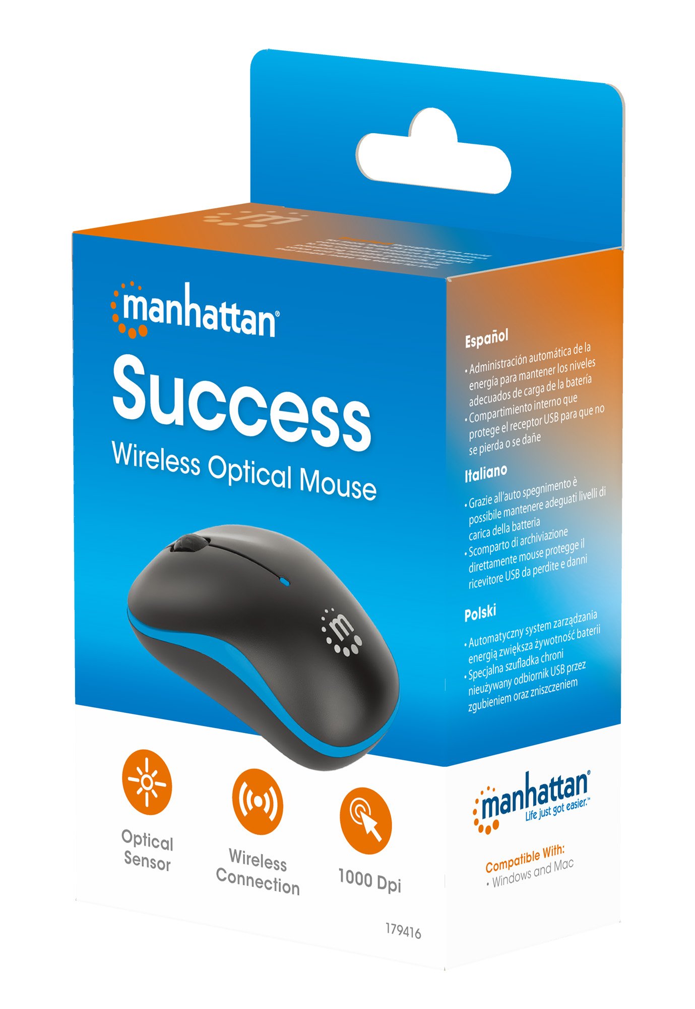 Mouse Ottico Wireless con Micro Ricevitore USB 1000dpi Nero/Azzurro MANHATTAN - immagine 2