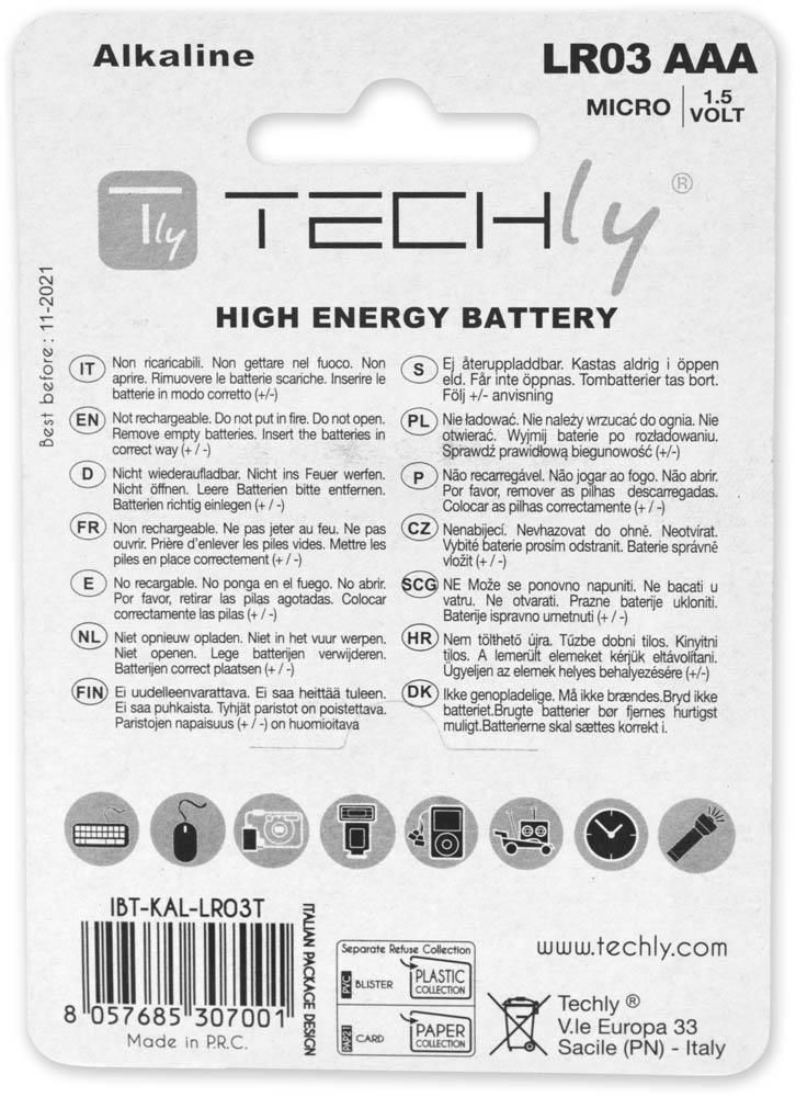 Blister 4 Batterie High Power Mini Stilo AAA Alcaline LR03 1.5V TECHLY - immagine 2