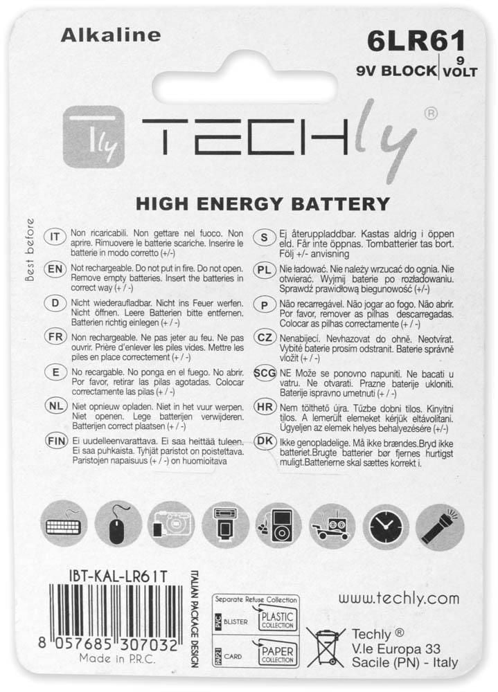 Blister 1 Batteria High Power Alcalina 6LR61 9V TECHLY - immagine 2