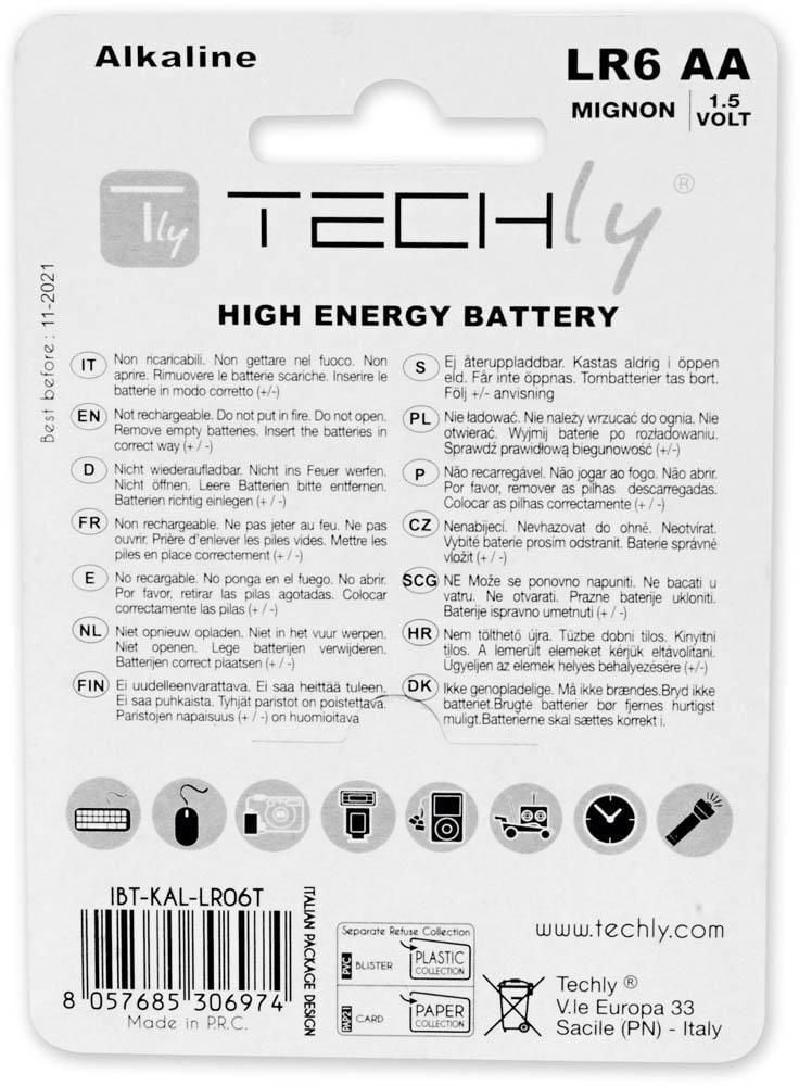 Blister 4 Batterie High Power Stilo AA Alcaline LR06 1,5V TECHLY - immagine 2