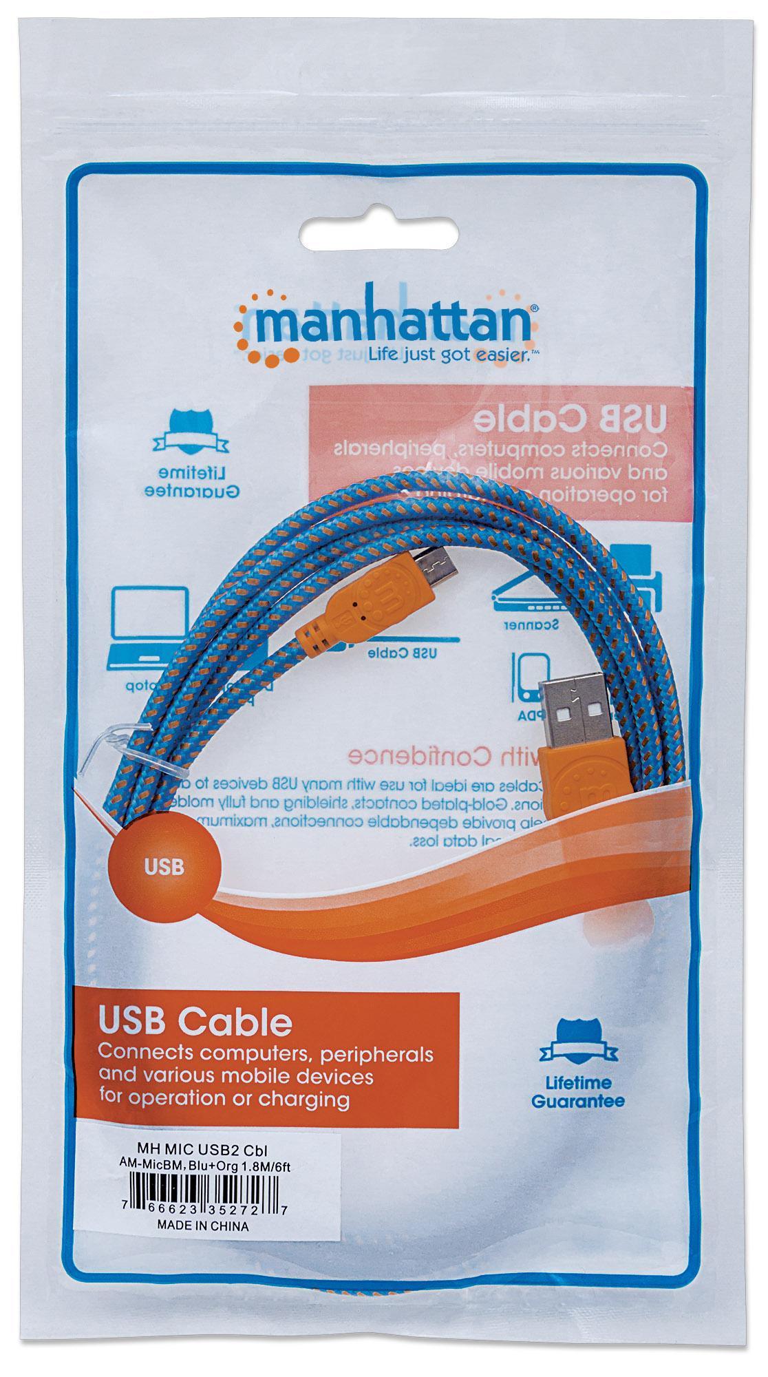Cavo Micro USB Guaina Intrecciata USB/MicroUsb 1.8m Blu/Arancione MANHATTAN - immagine 2