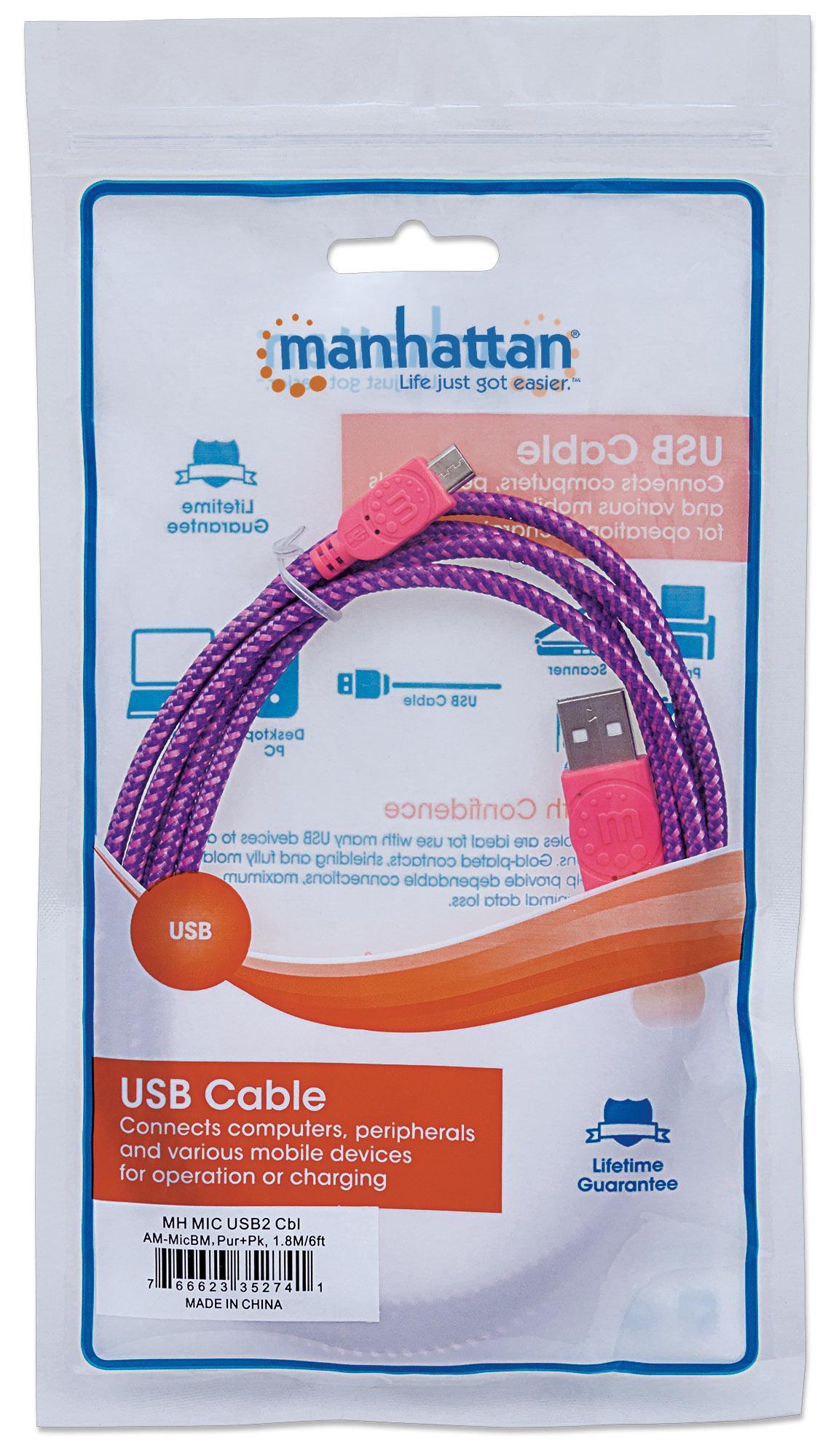 Cavo Micro USB Guaina Intrecciata USB/MicroUsb 1.8m Viola/Fucsia MANHATTAN - immagine 2