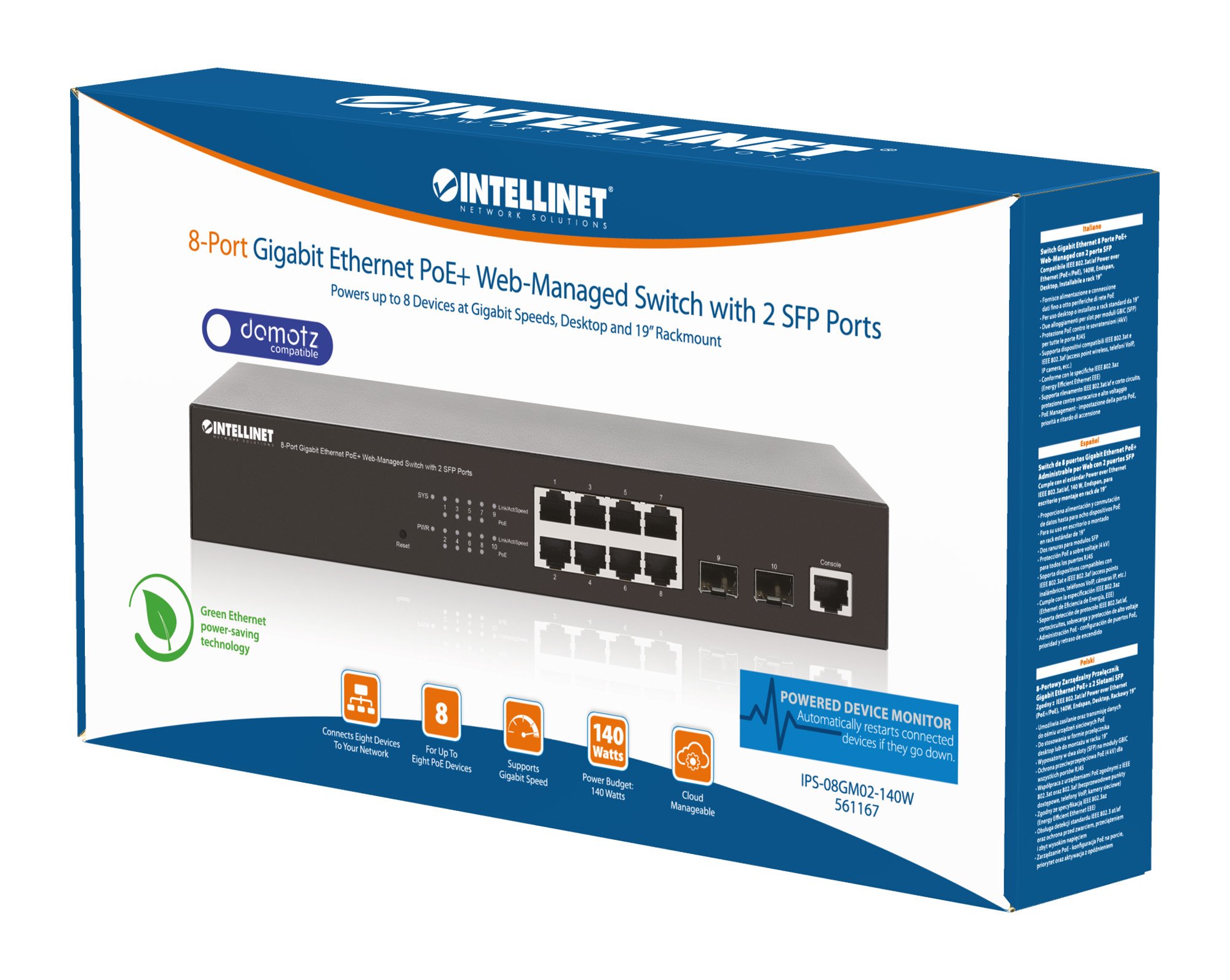 Switch Gigabit Ethernet 8 Porte PoE+ Web-Managed con 2 porte SFP INTELLINET - immagine 2