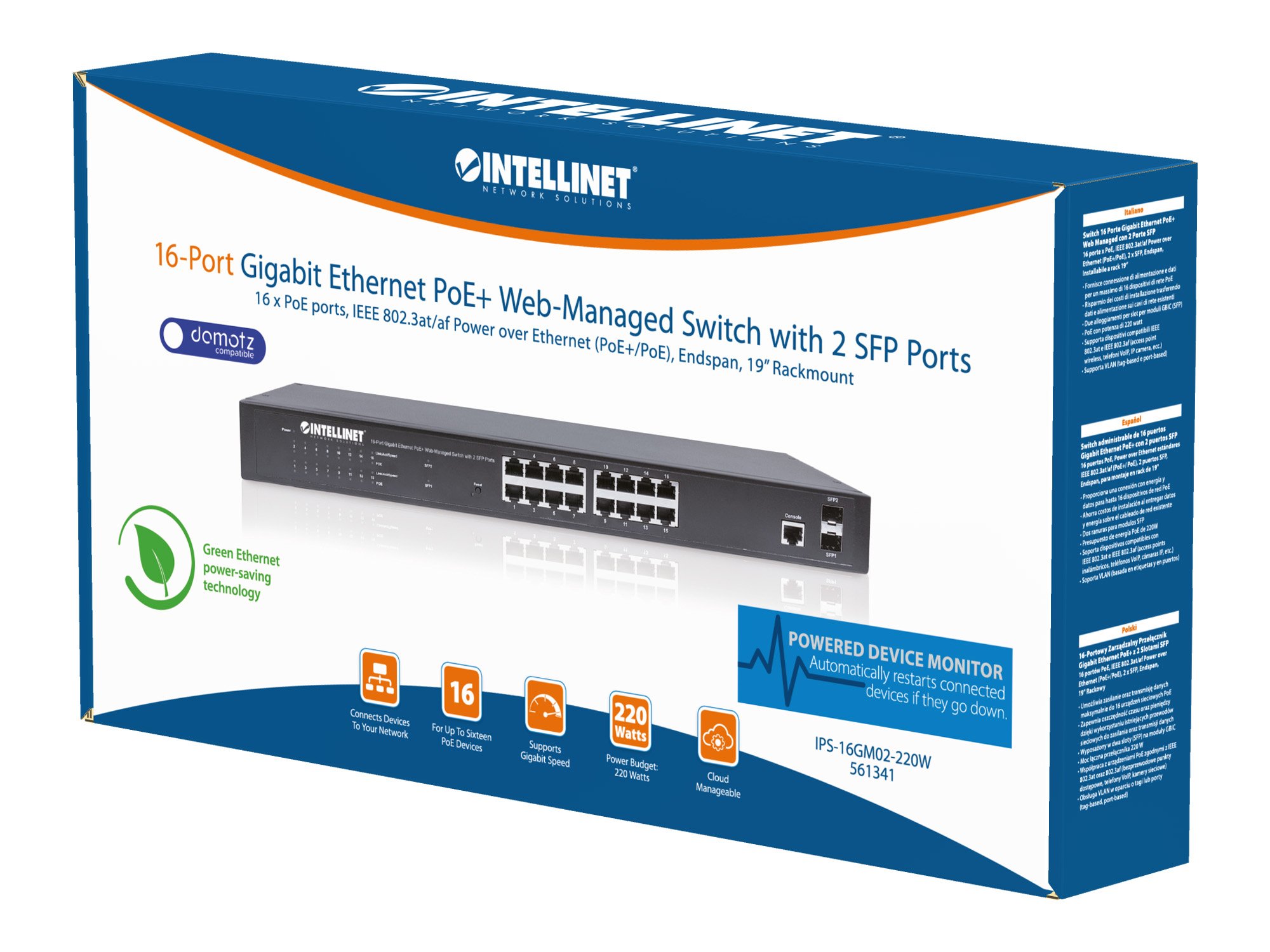 Switch 16 Porte Gigabit Ethernet PoE+ Web Managed con 2 Porte SFP INTELLINET - immagine 2
